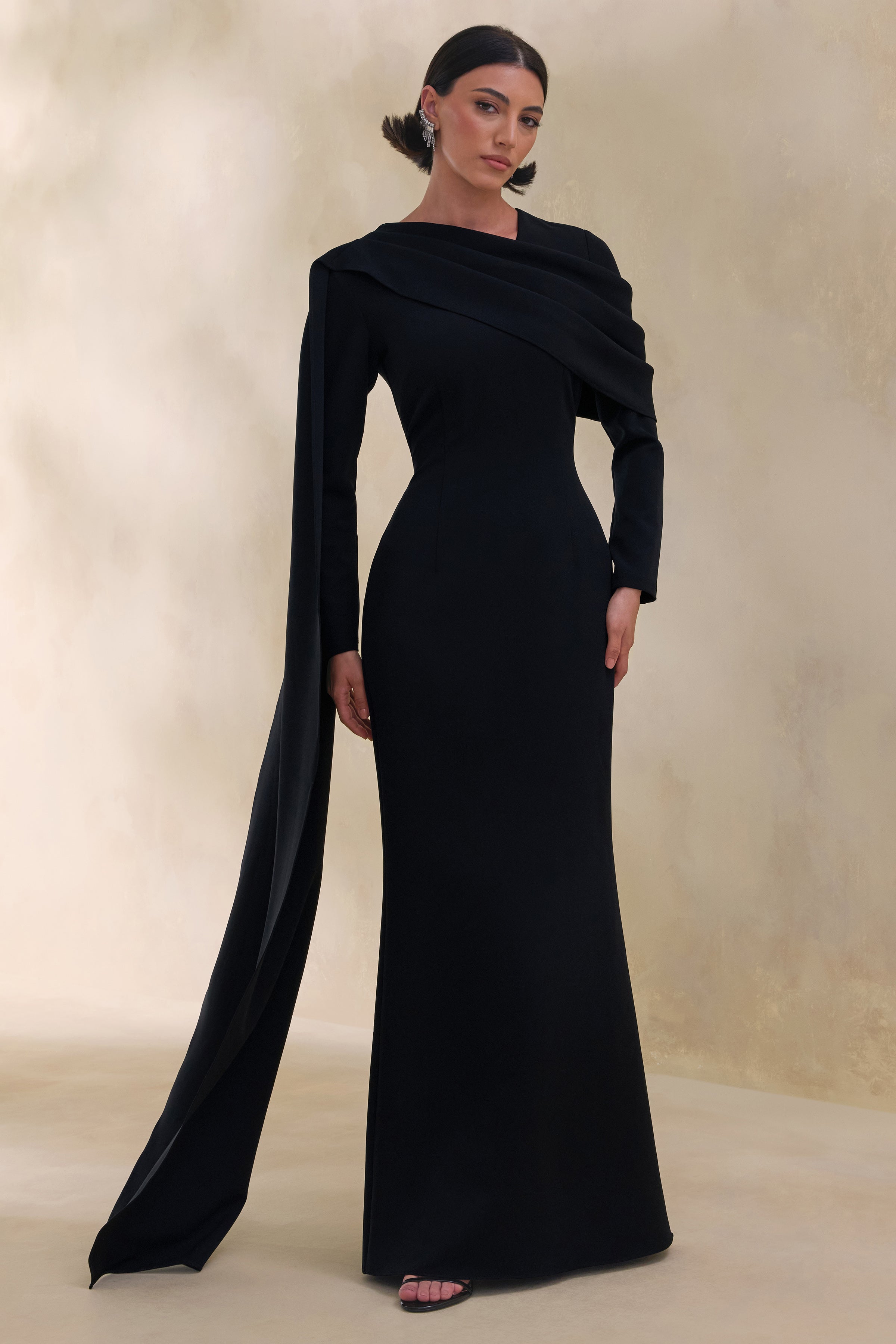 Heliora | Black V-Neck Maxi Dress With Sash And Draped-Detail