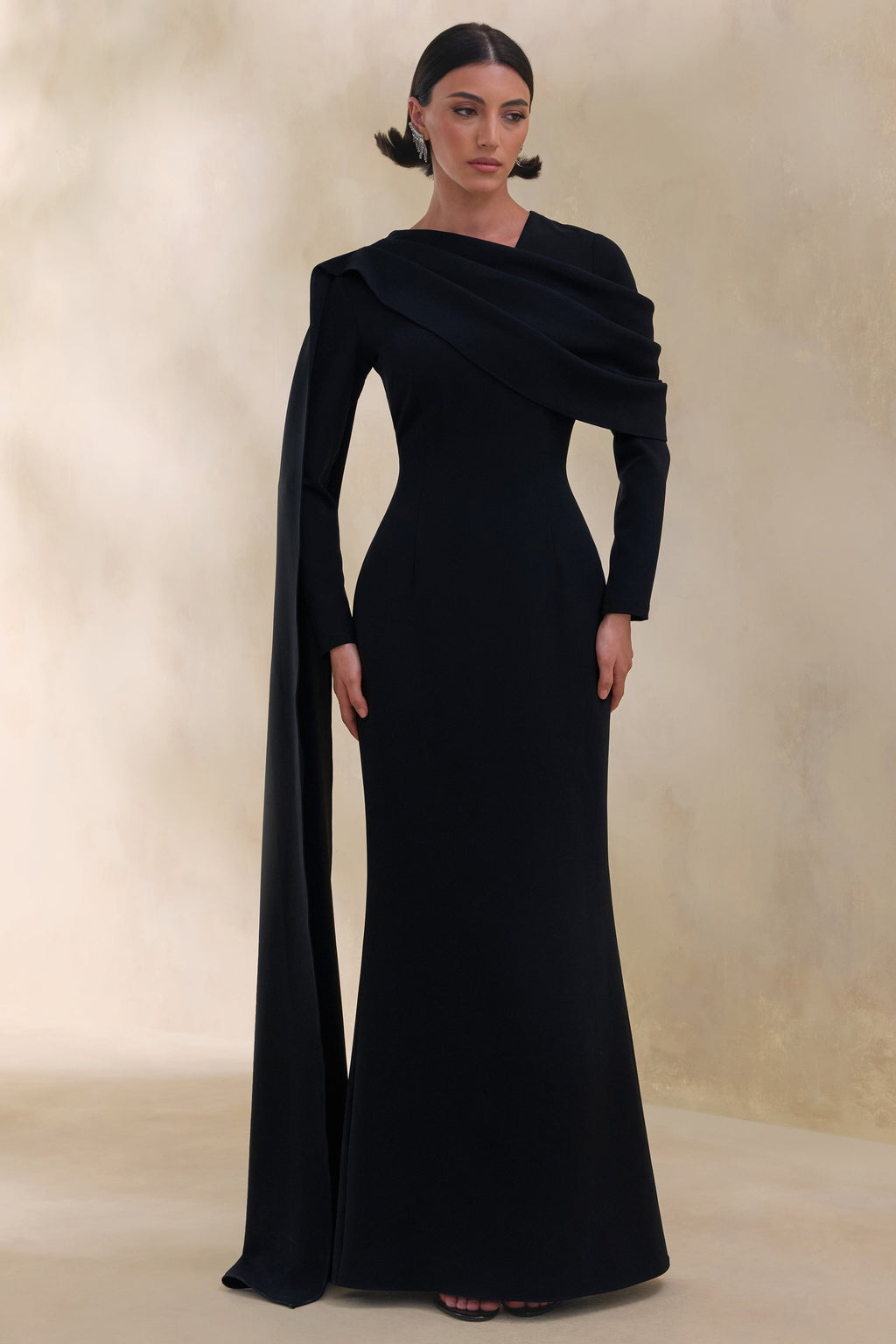 Heliora | Black V-Neck Maxi Dress With Sash And Draped-Detail