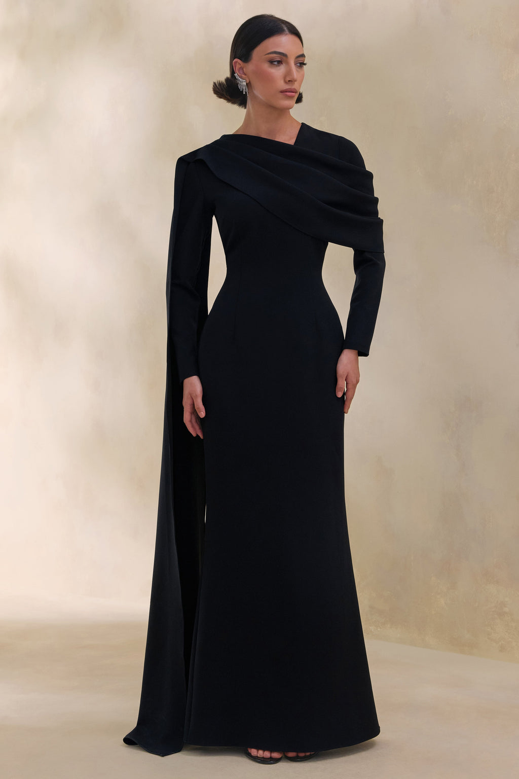 Heliora | Black V-Neck Maxi Dress With Sash And Draped-Detail
