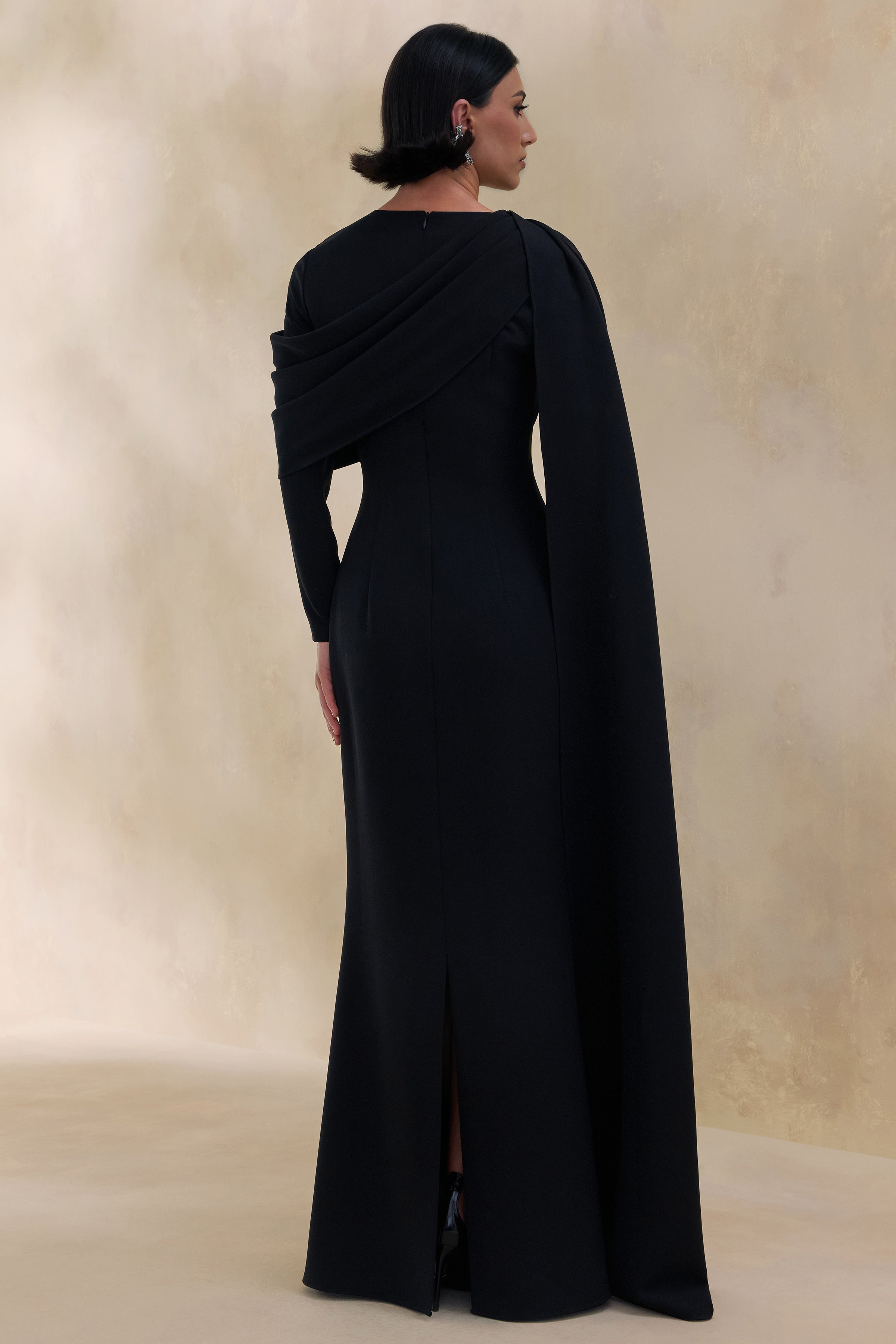 Heliora | Black V-Neck Maxi Dress With Sash And Draped-Detail