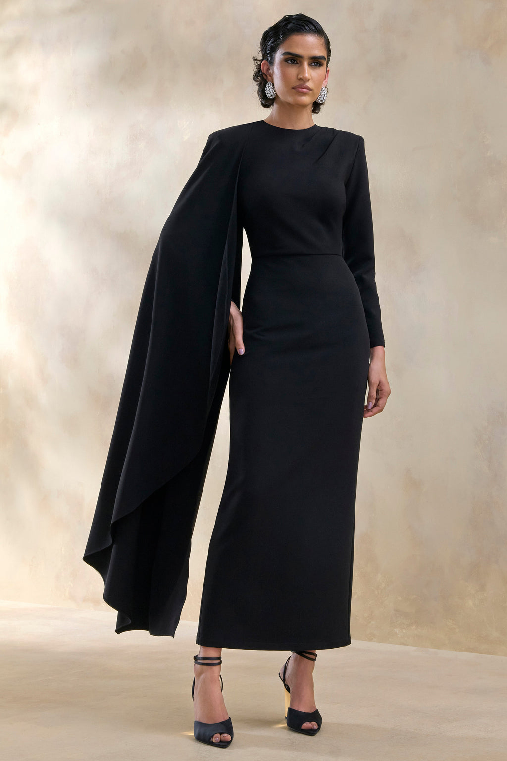 Jovea | Black Round-Neck Maxi Dress With Cape-Sleeve