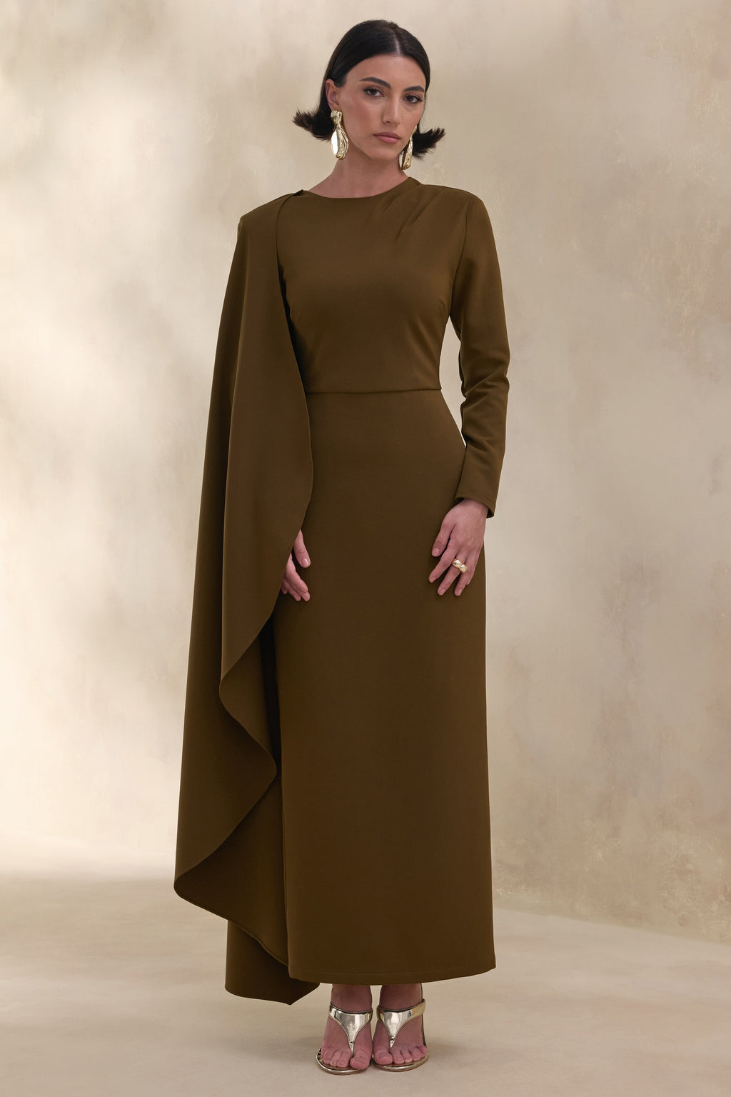 Jovea | Olive Round-Neck Maxi Dress With Cape-Sleeve