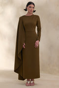 Jovea | Olive Round-Neck Maxi Dress With Cape-Sleeve