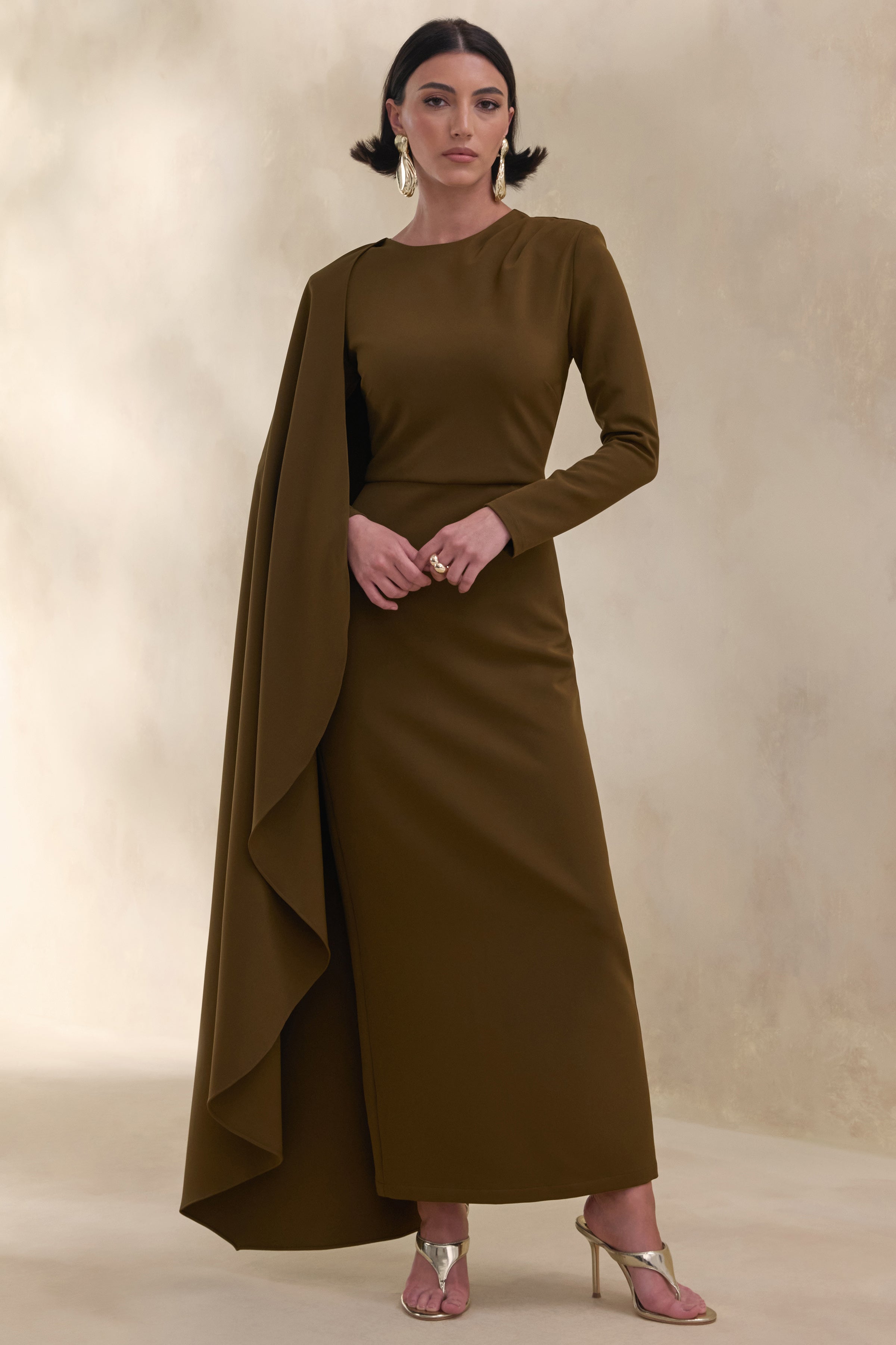 Jovea | Olive Round-Neck Maxi Dress With Cape-Sleeve