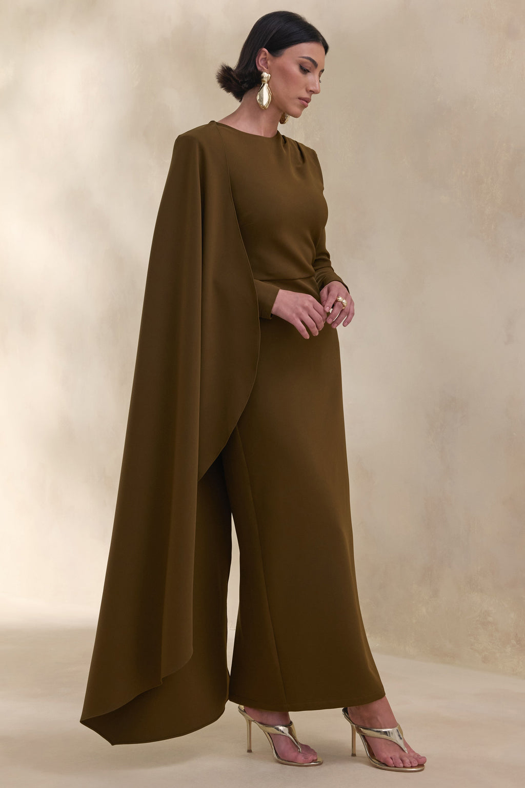 Jovea | Olive Round-Neck Maxi Dress With Cape-Sleeve