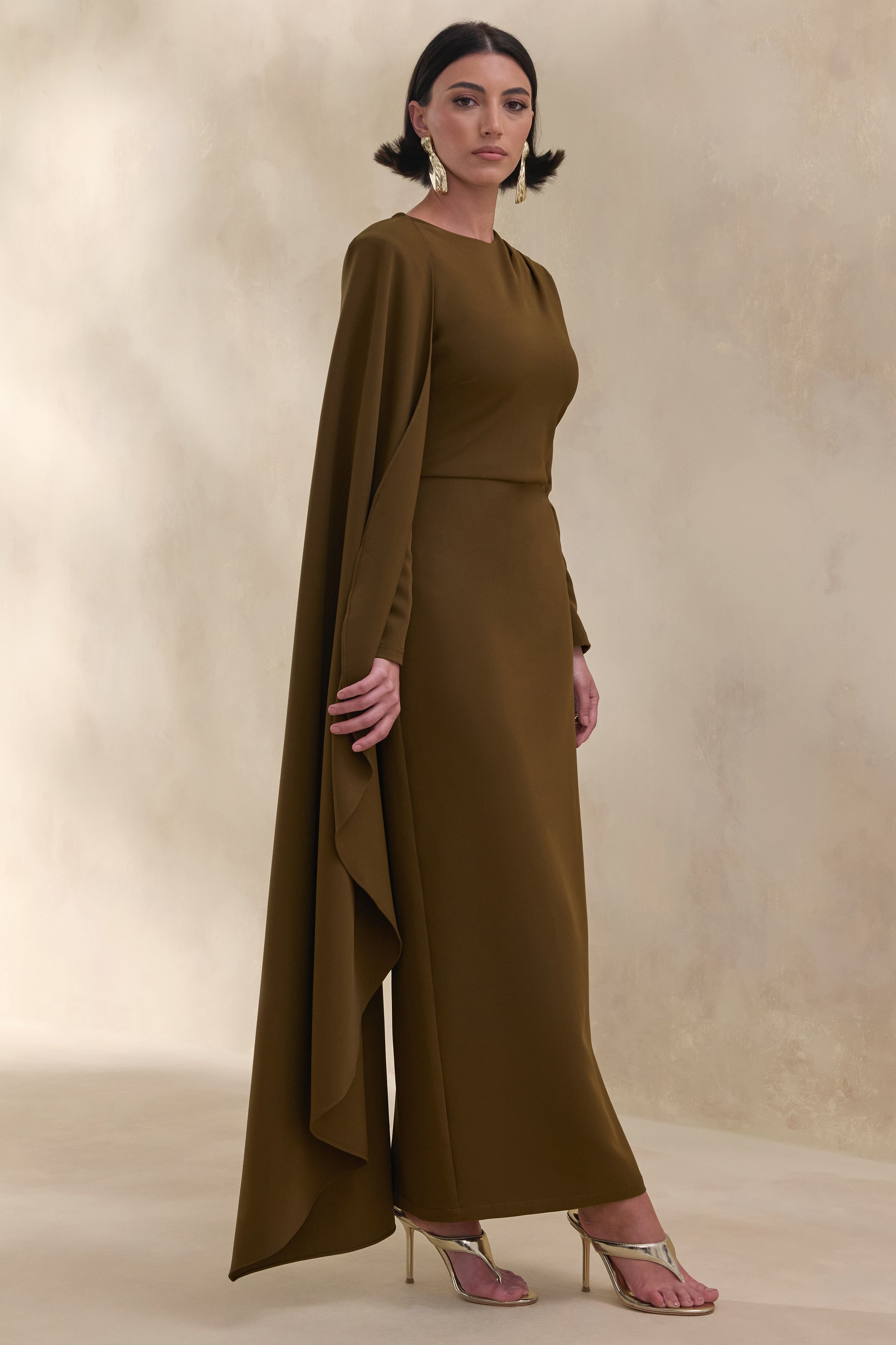 Jovea | Olive Round-Neck Maxi Dress With Cape-Sleeve