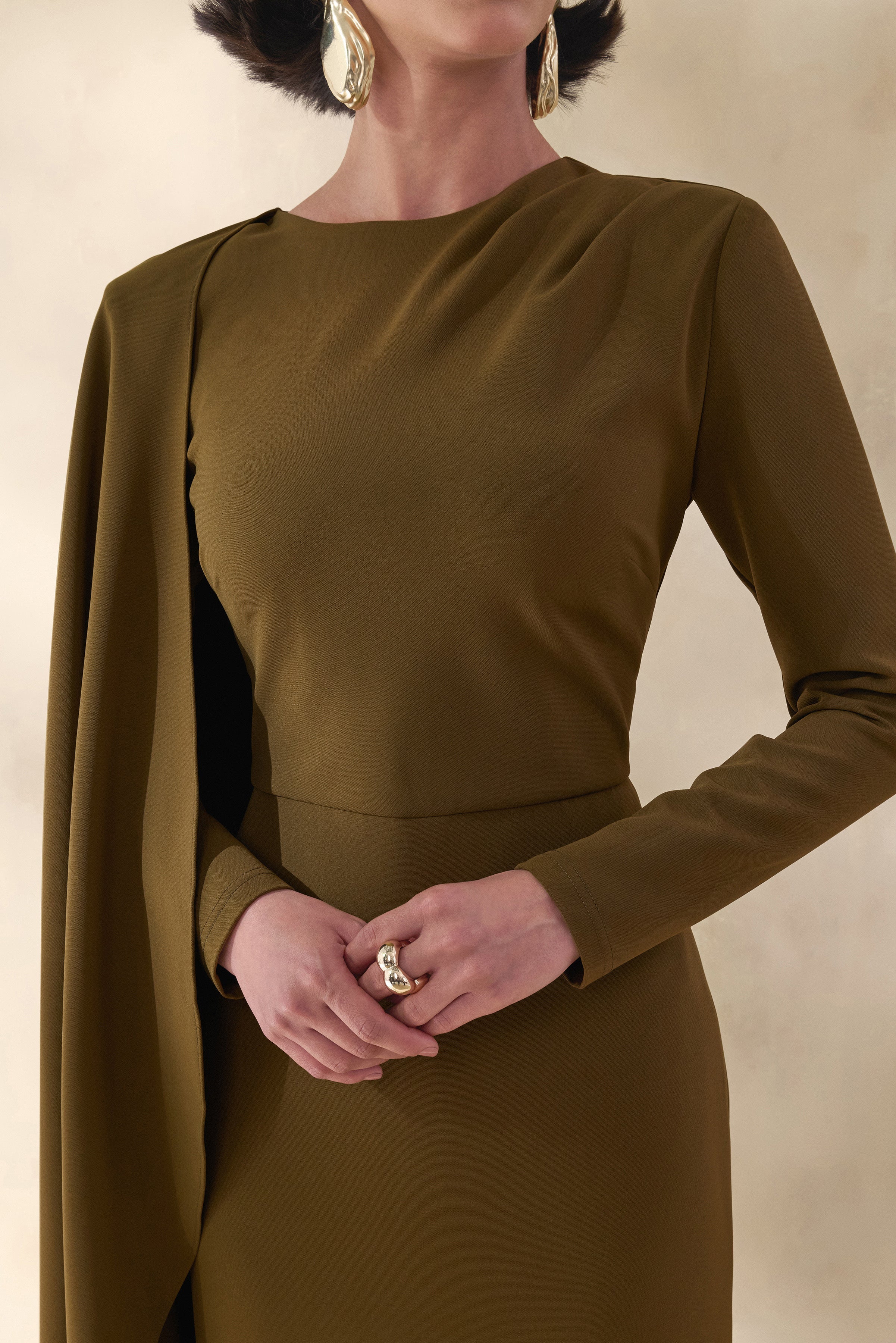 Jovea | Olive Round-Neck Maxi Dress With Cape-Sleeve