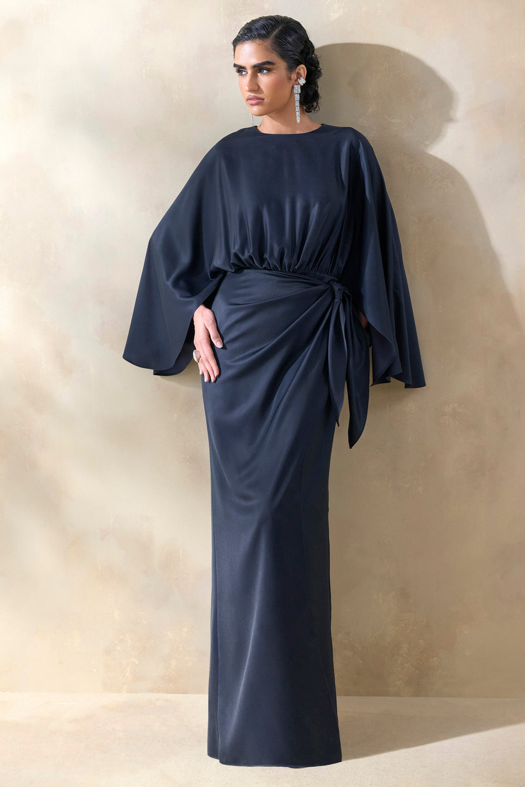 Delphina | Navy Satin Maxi Dress With Gathered And Knot-Detail