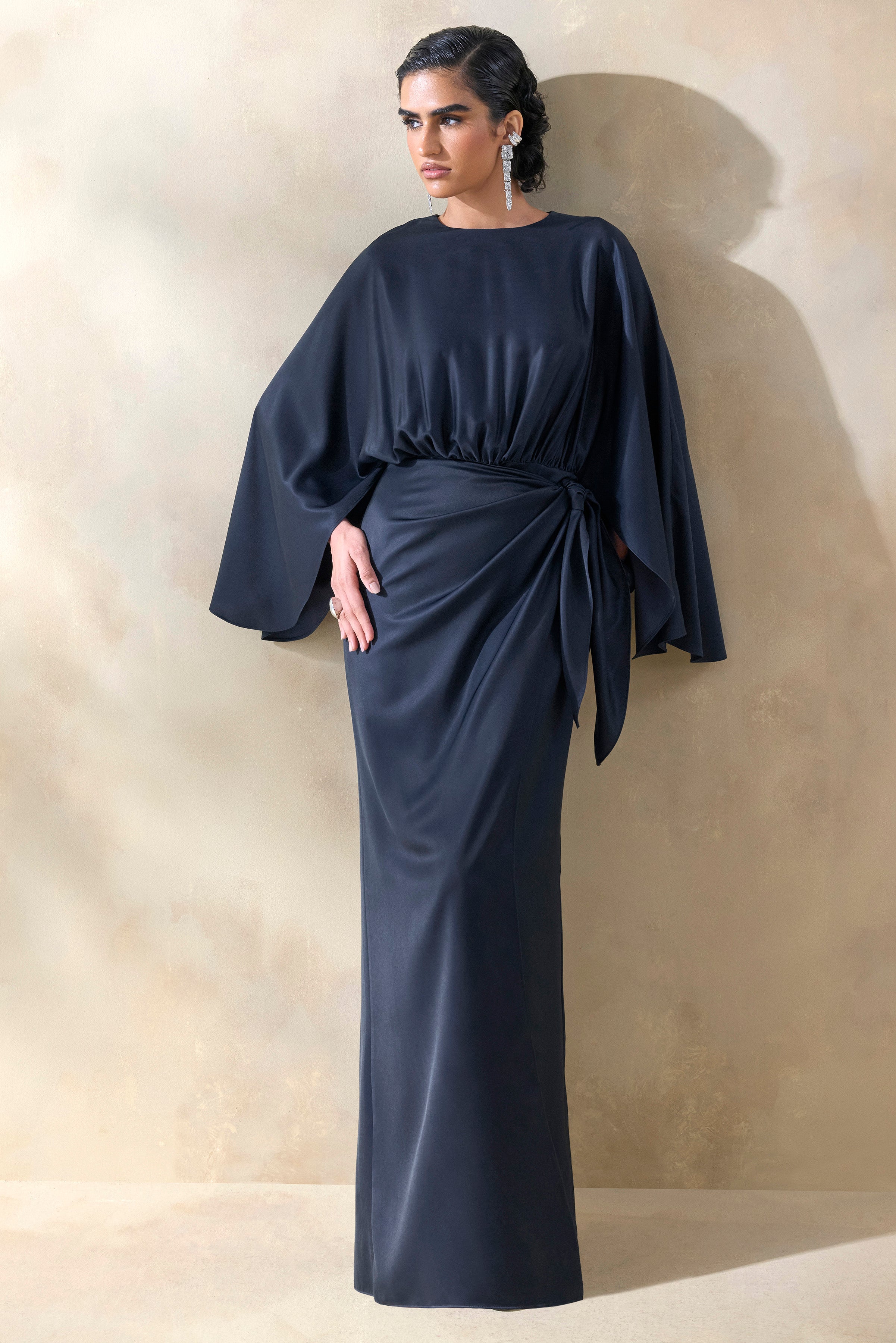 Delphina | Navy Satin Maxi Dress With Gathered And Knot-Detail