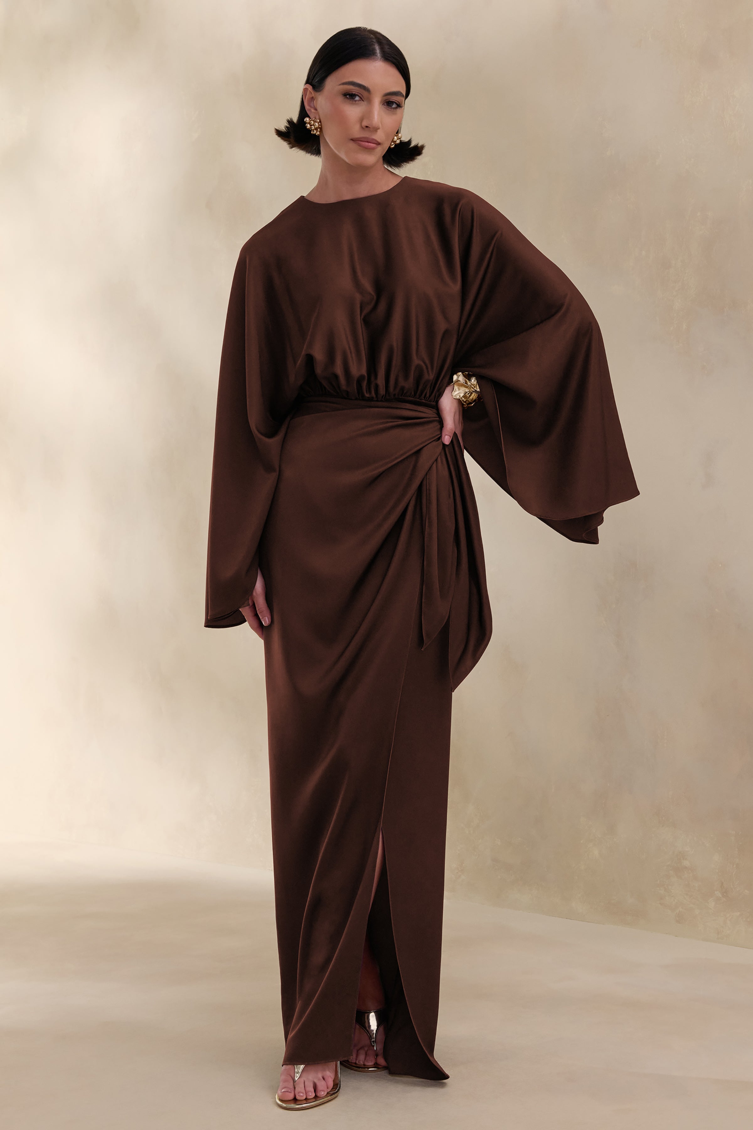 Delphina | Brown Satin Maxi Dress With Gathered And Knot-Detail