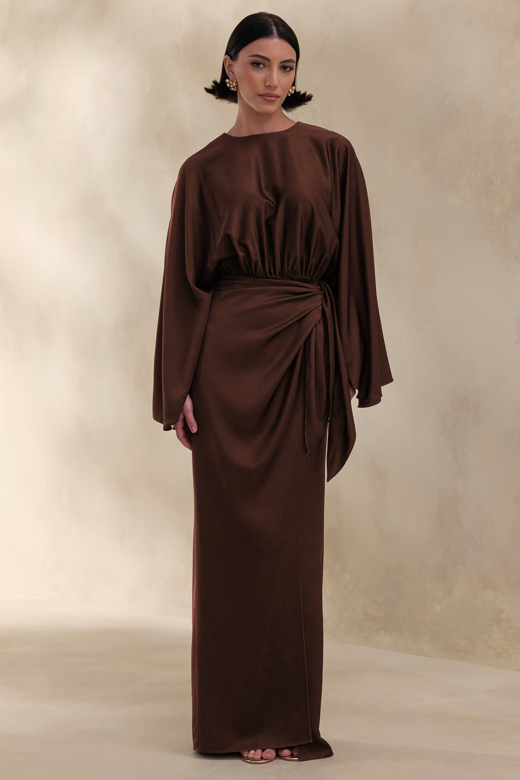 Delphina | Brown Satin Maxi Dress With Gathered And Knot-Detail