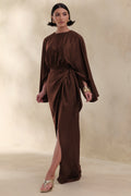 Delphina | Brown Satin Maxi Dress With Gathered And Knot-Detail