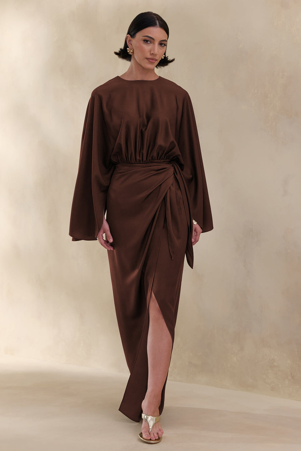 Delphina | Brown Satin Maxi Dress With Gathered And Knot-Detail