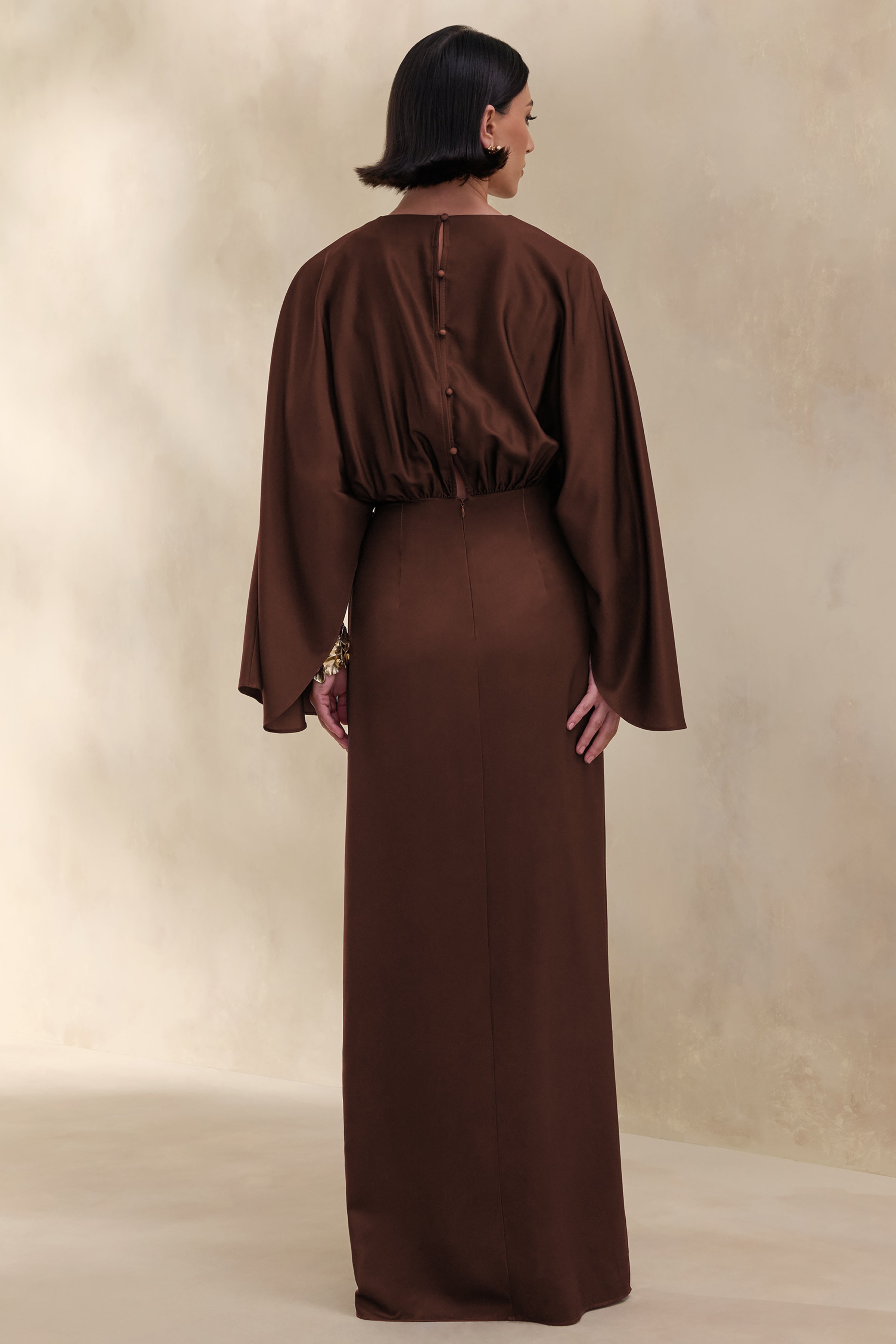 Delphina | Brown Satin Maxi Dress With Gathered And Knot-Detail
