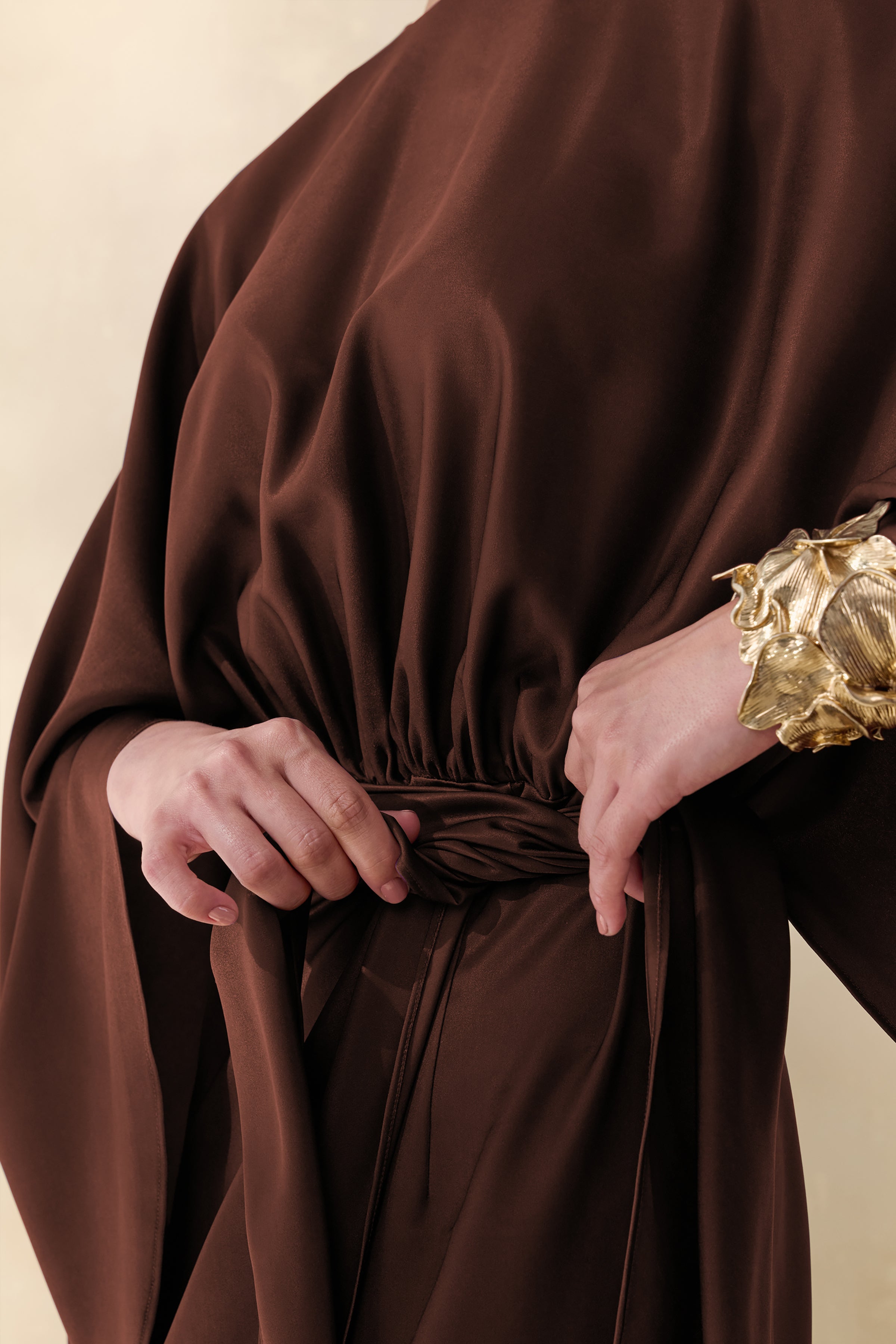 Delphina | Brown Satin Maxi Dress With Gathered And Knot-Detail