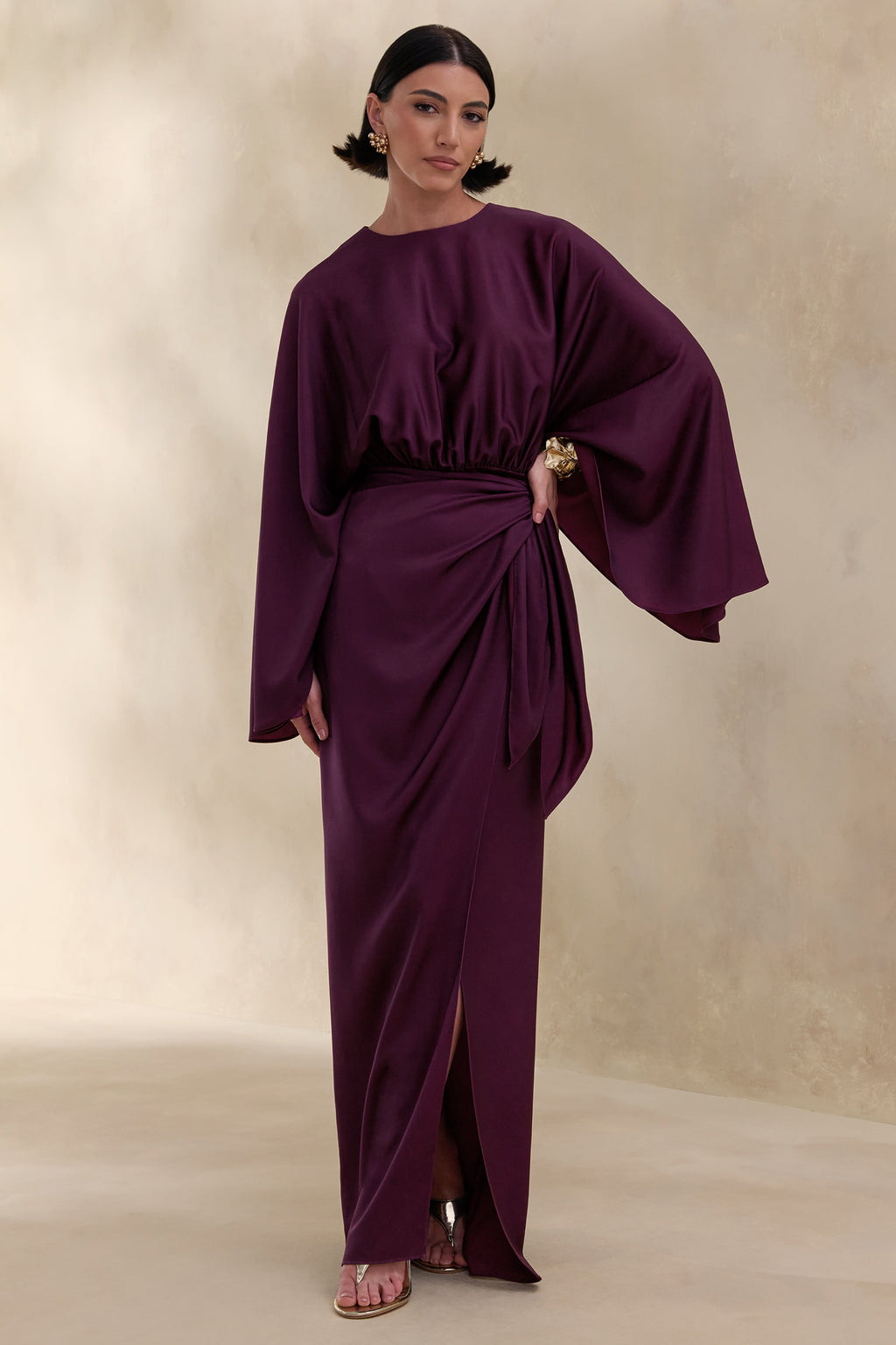 Delphina | Plum Satin Maxi Dress With Gathered And Knot-Detail