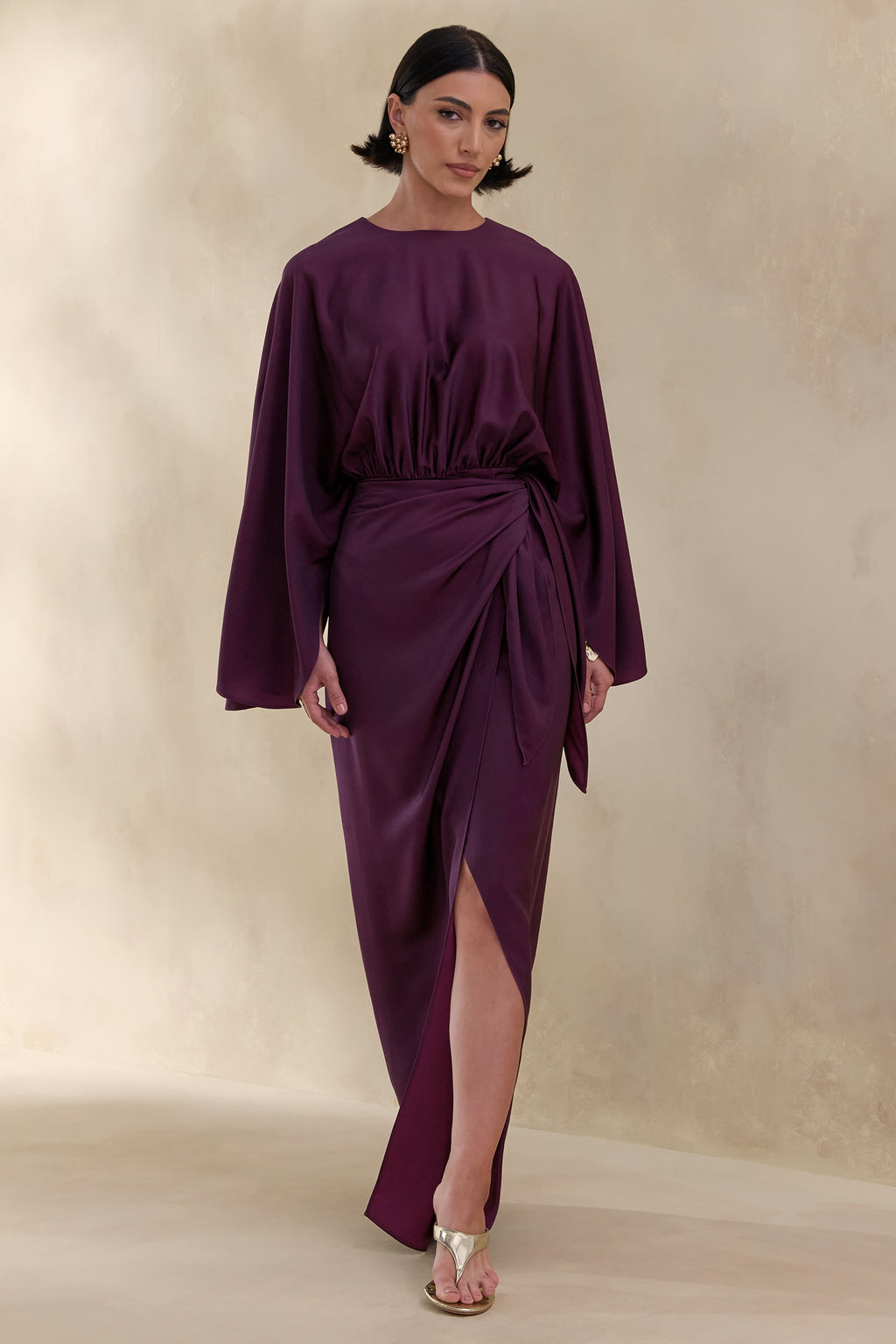 Delphina | Plum Satin Maxi Dress With Gathered And Knot-Detail