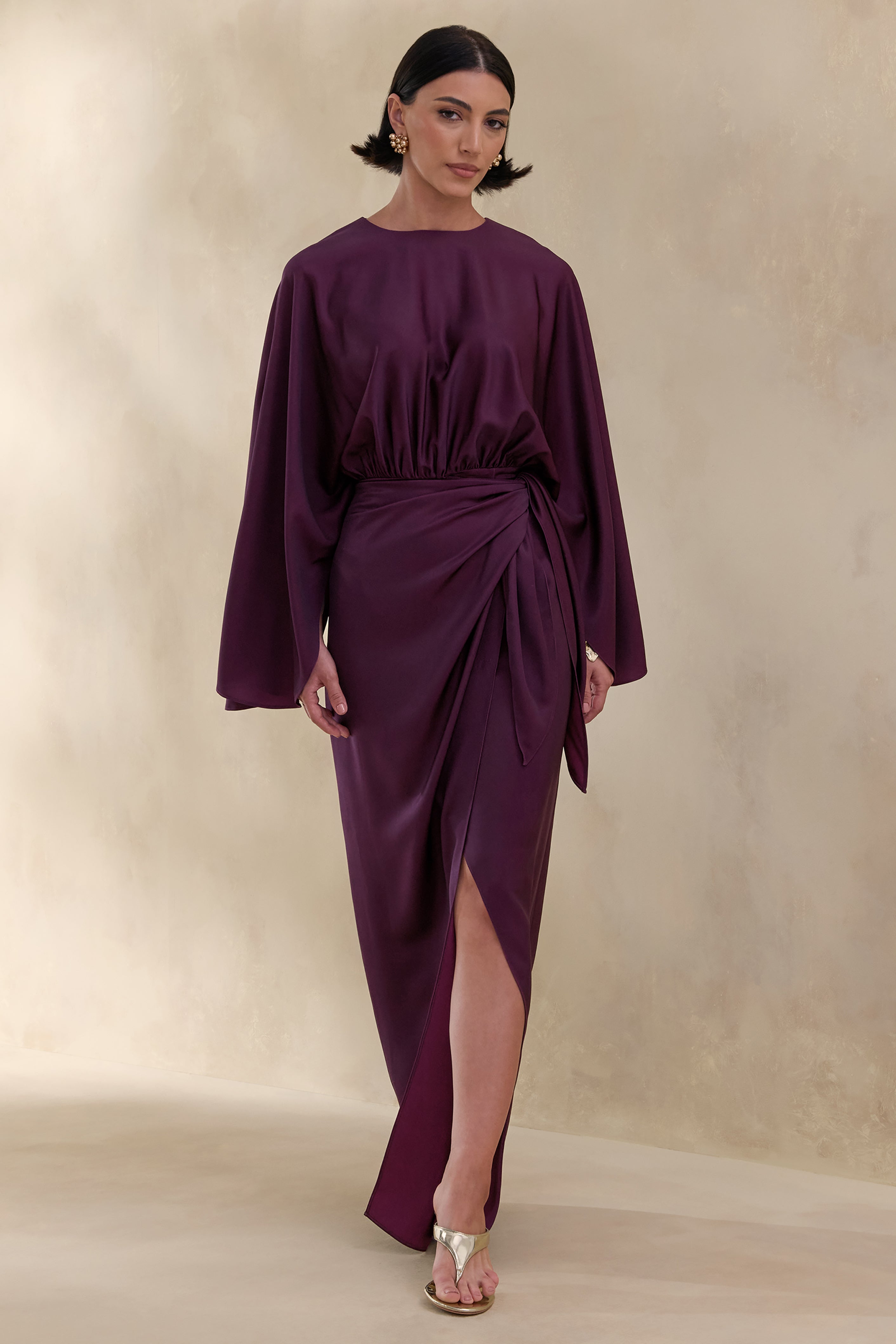 Delphina | Plum Satin Maxi Dress With Gathered And Knot-Detail
