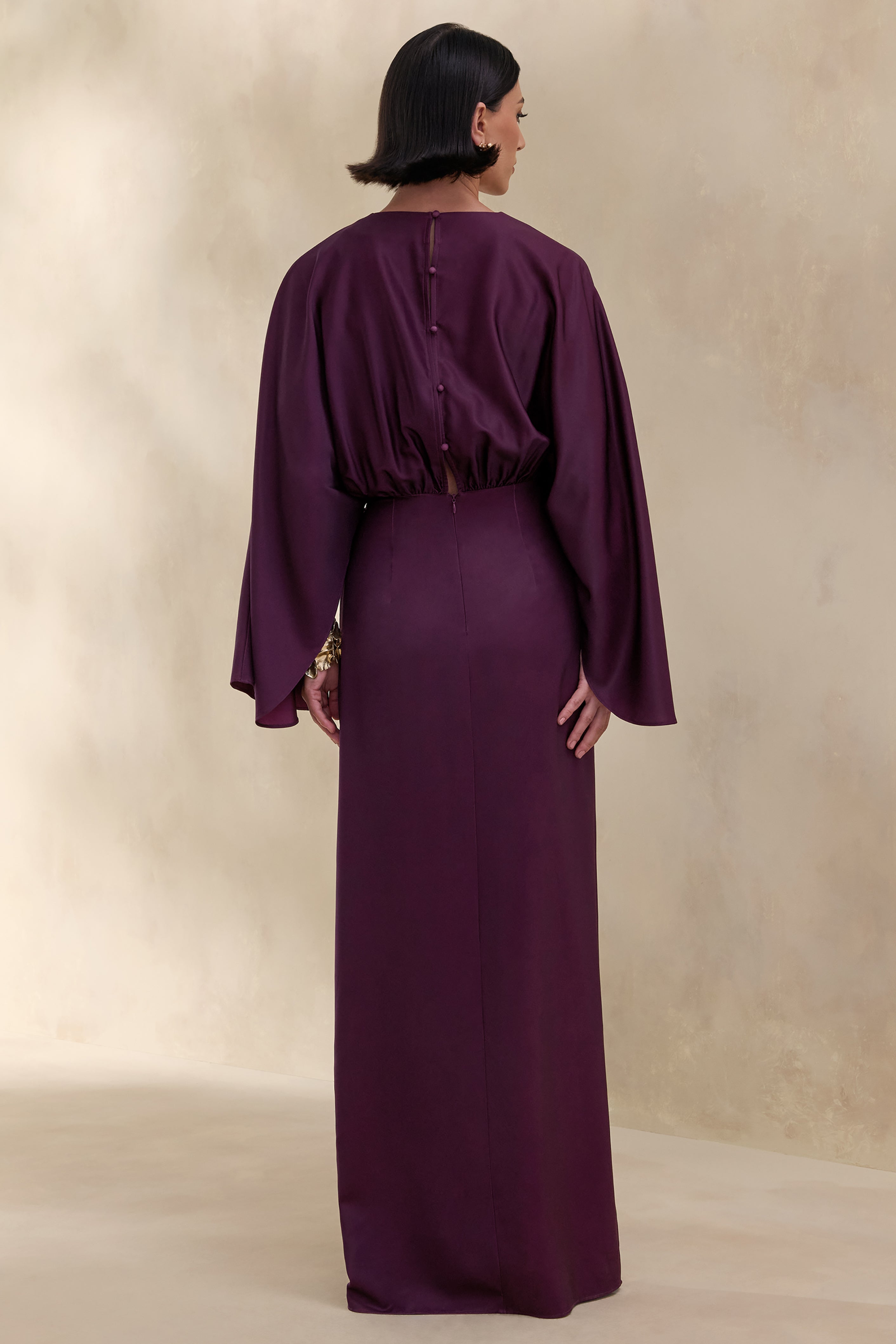 Delphina | Plum Satin Maxi Dress With Gathered And Knot-Detail