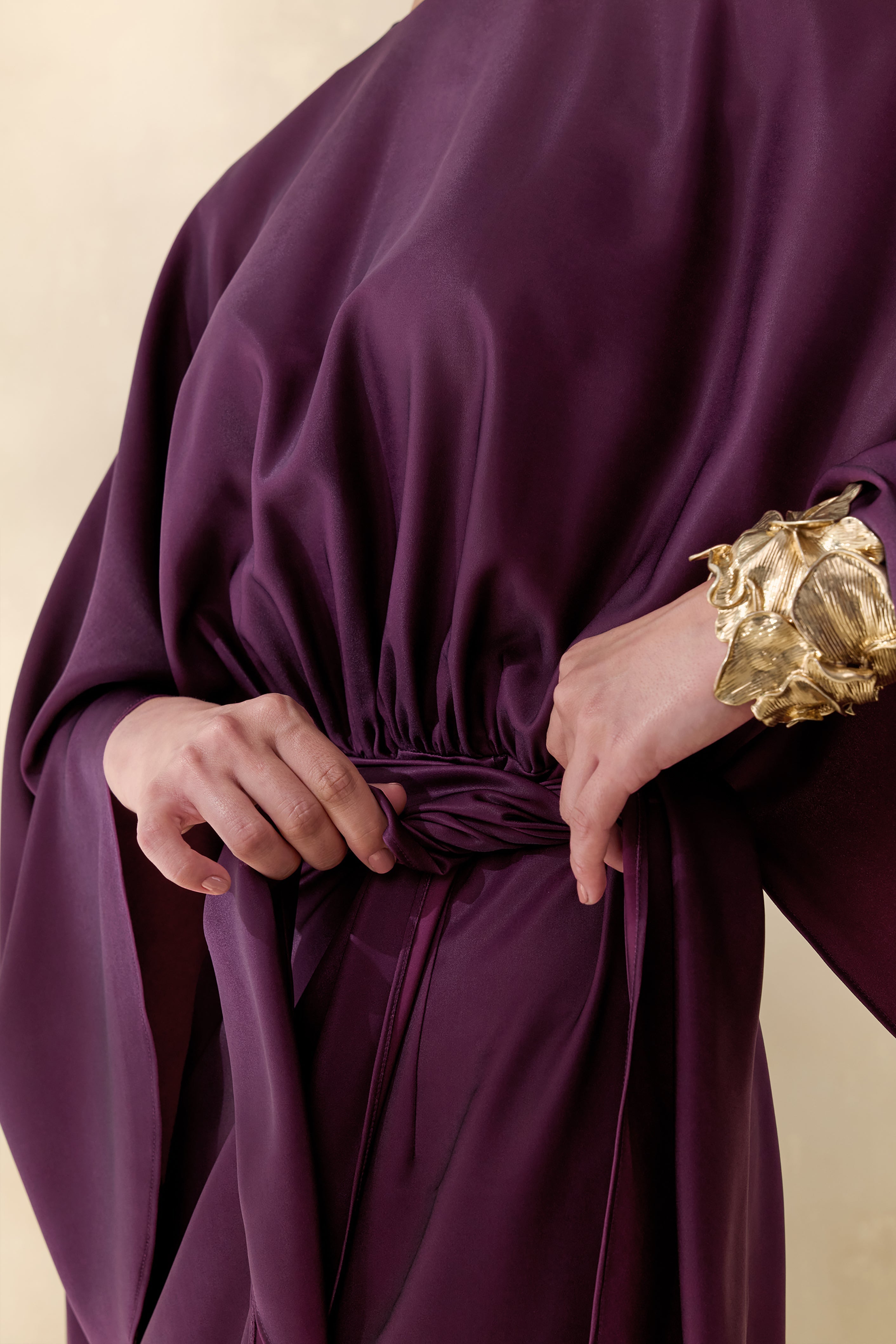 Delphina | Plum Satin Maxi Dress With Gathered And Knot-Detail