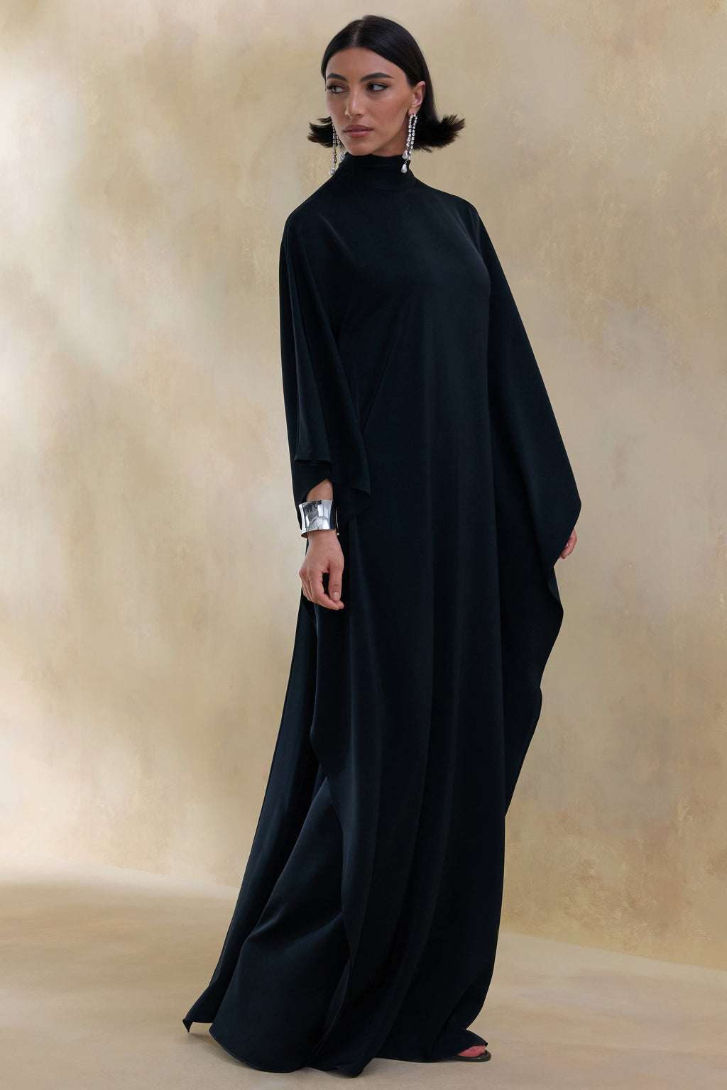 Lumisette | Black Satin High-Neck Maxi Dress With Cape