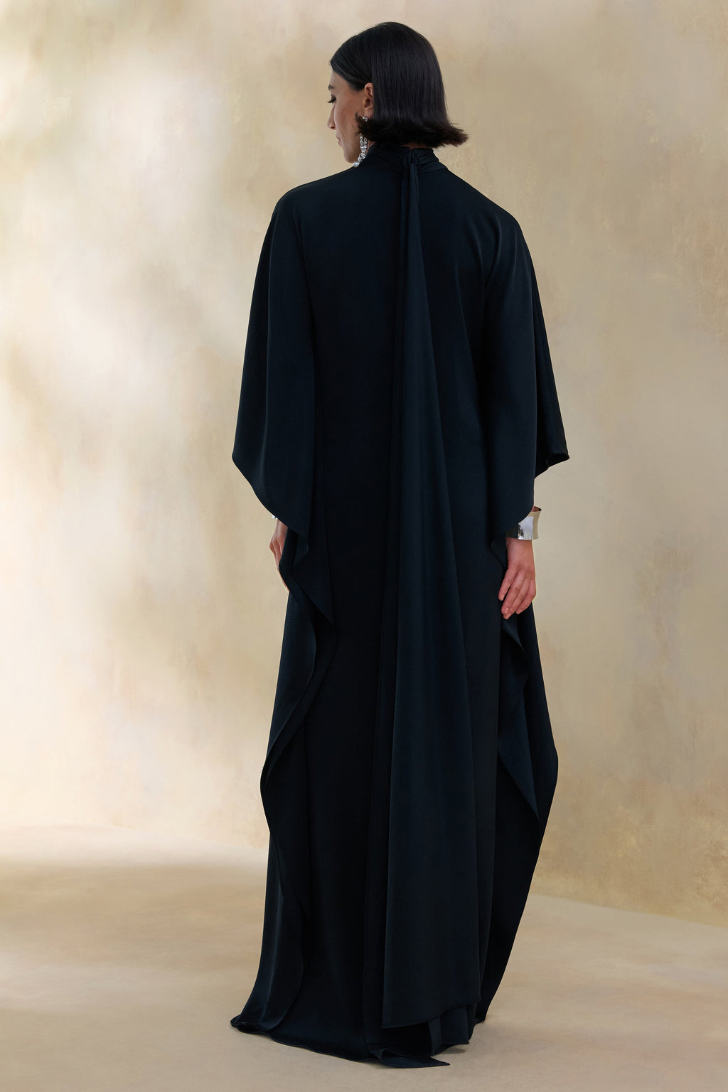 Lumisette | Black Satin High-Neck Maxi Dress With Cape