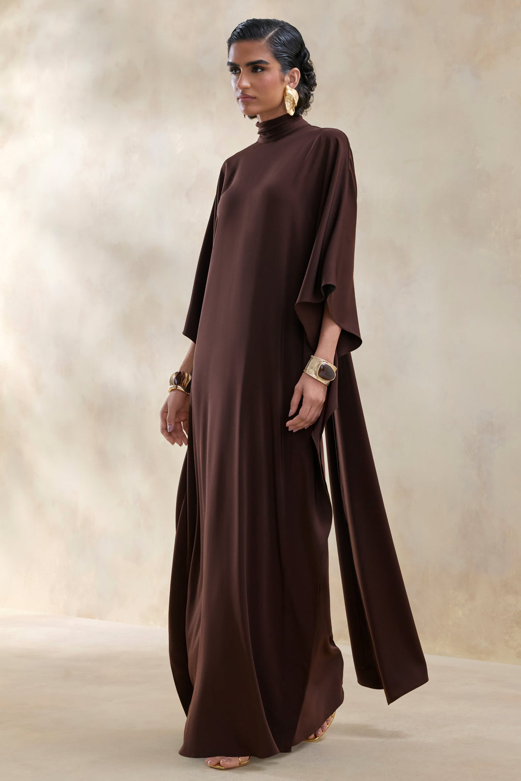 Lumisette | Brown Satin High-Neck Maxi Dress With Cape