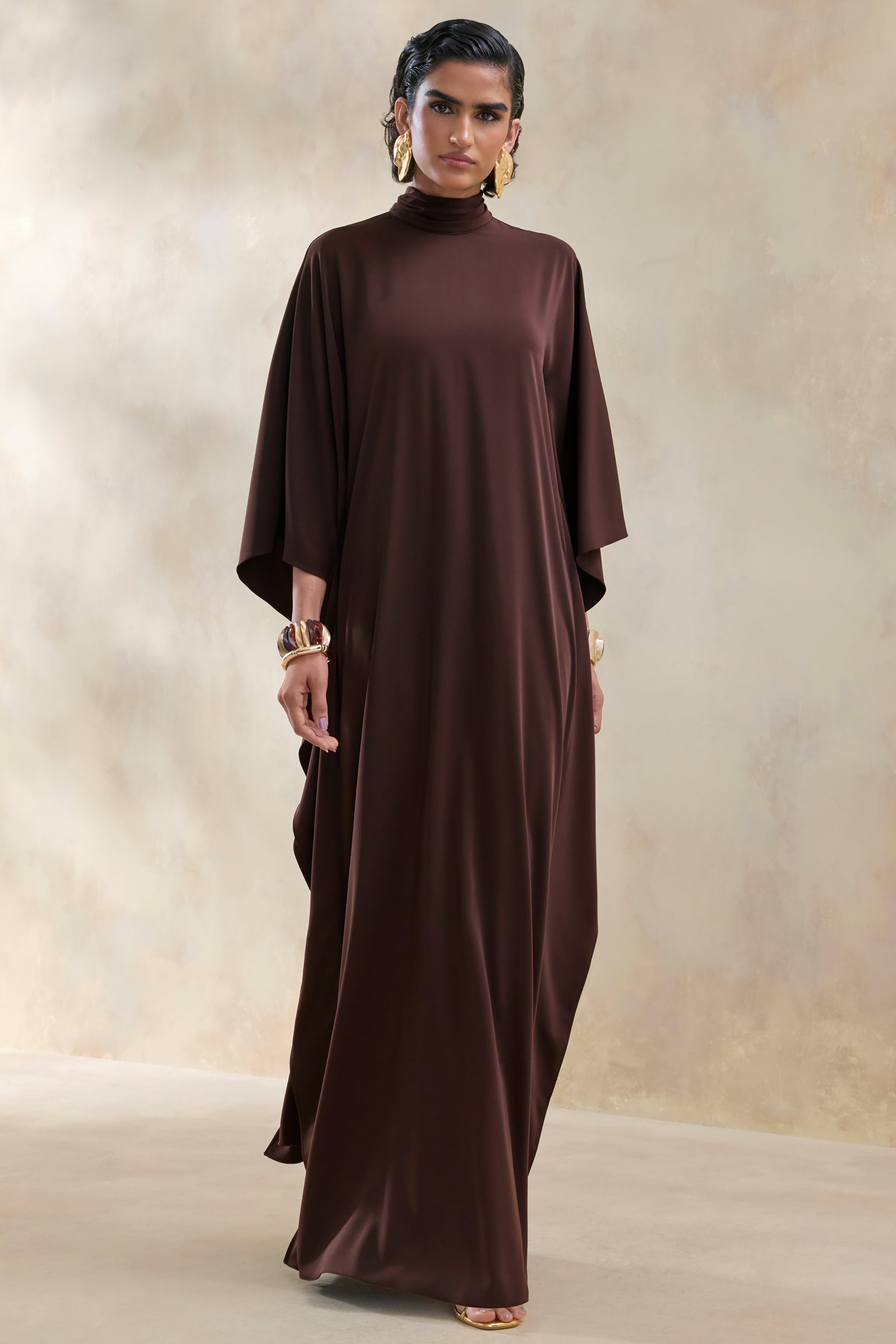 Lumisette | Brown Satin High-Neck Maxi Dress With Cape