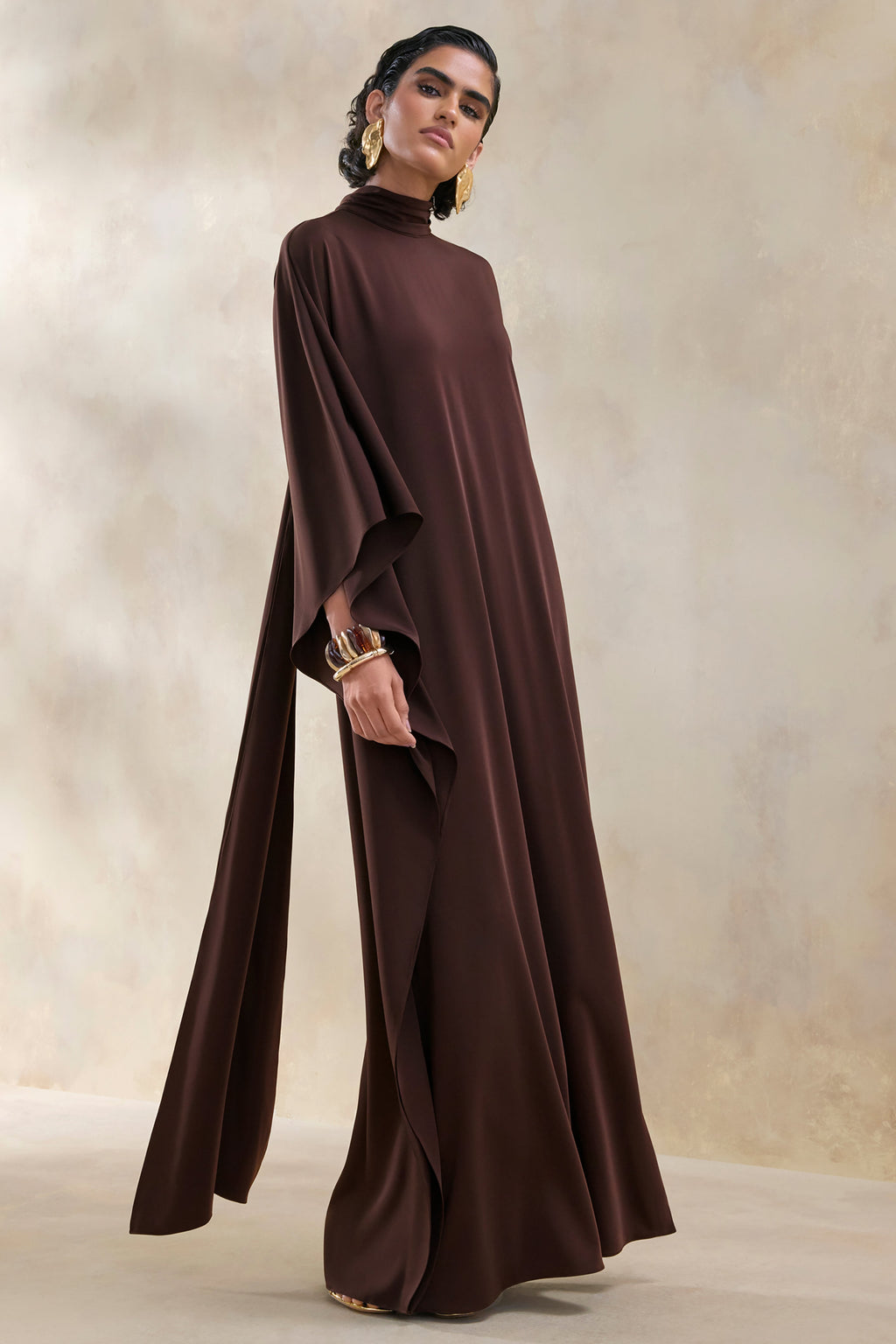 Lumisette | Brown Satin High-Neck Maxi Dress With Cape