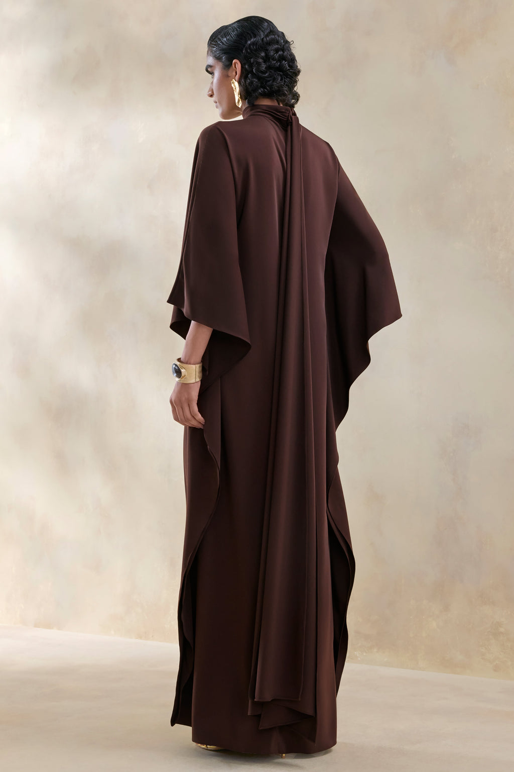 Lumisette | Brown Satin High-Neck Maxi Dress With Cape