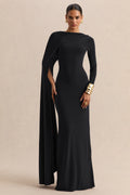 Halina | Black High-Neck Maxi Dress With Cape-Sleeve