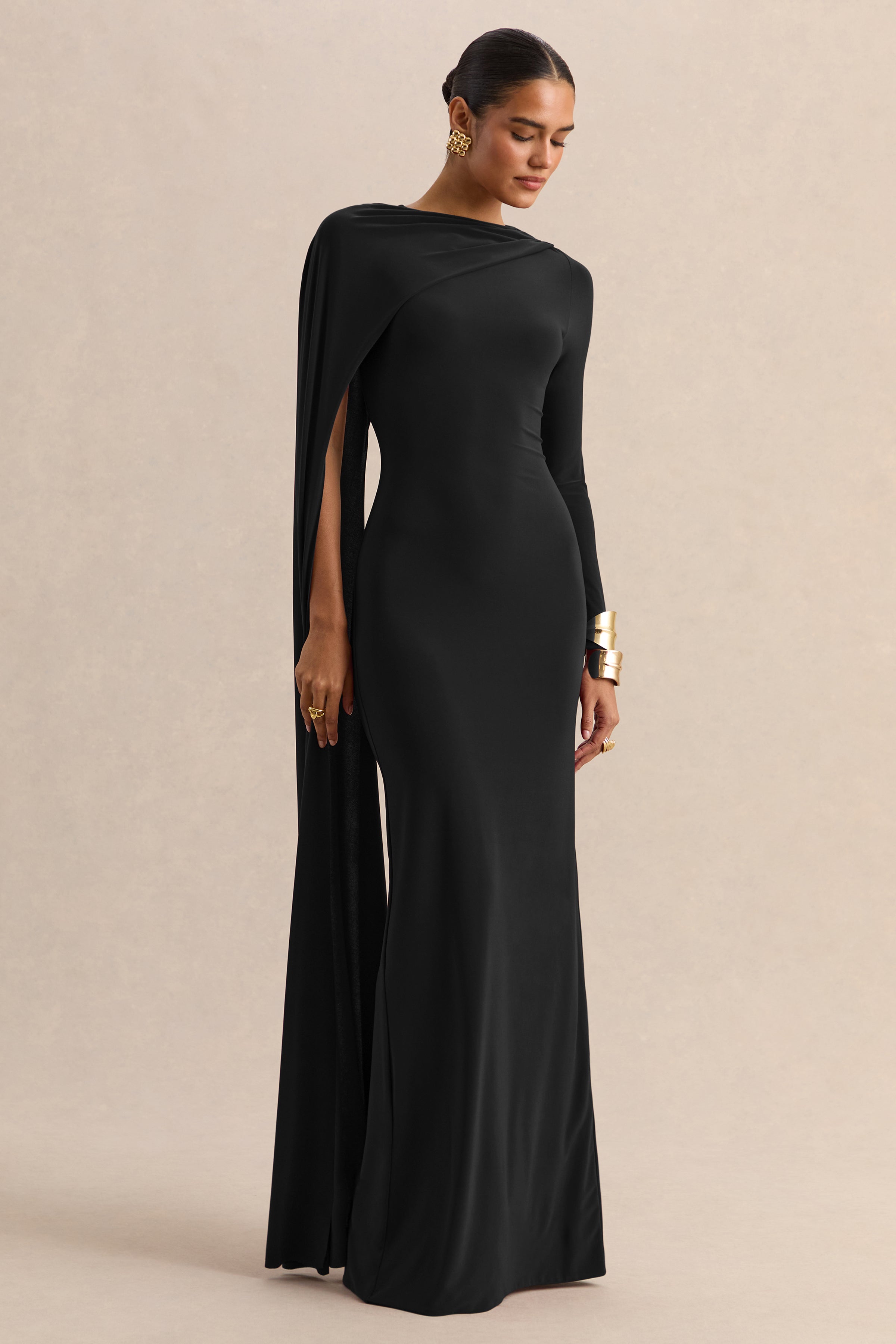 Halina | Black High-Neck Maxi Dress With Cape-Sleeve