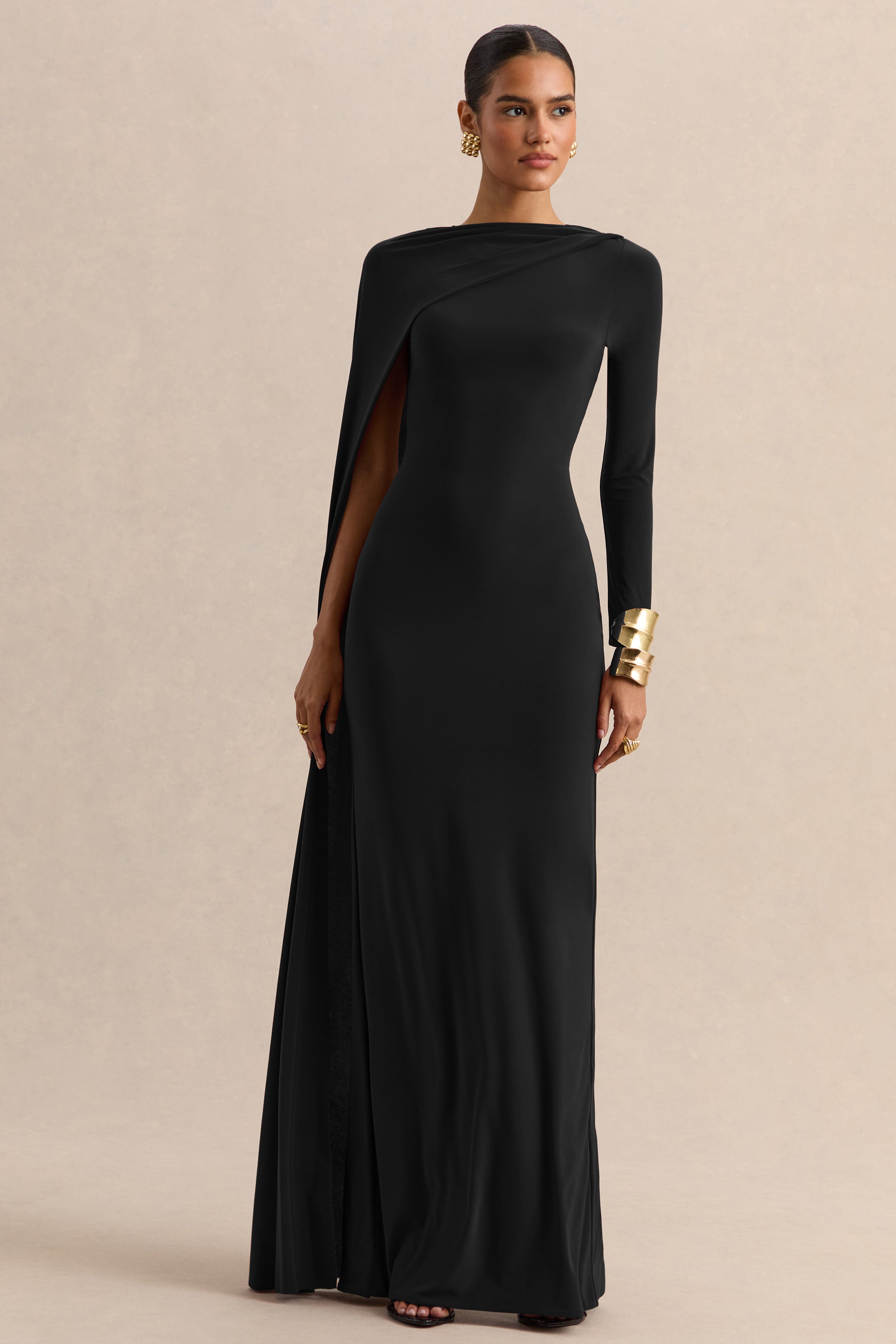 Halina | Black High-Neck Maxi Dress With Cape-Sleeve