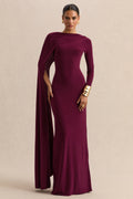Halina | Burgundy High-Neck Maxi Dress With Cape-Sleeve