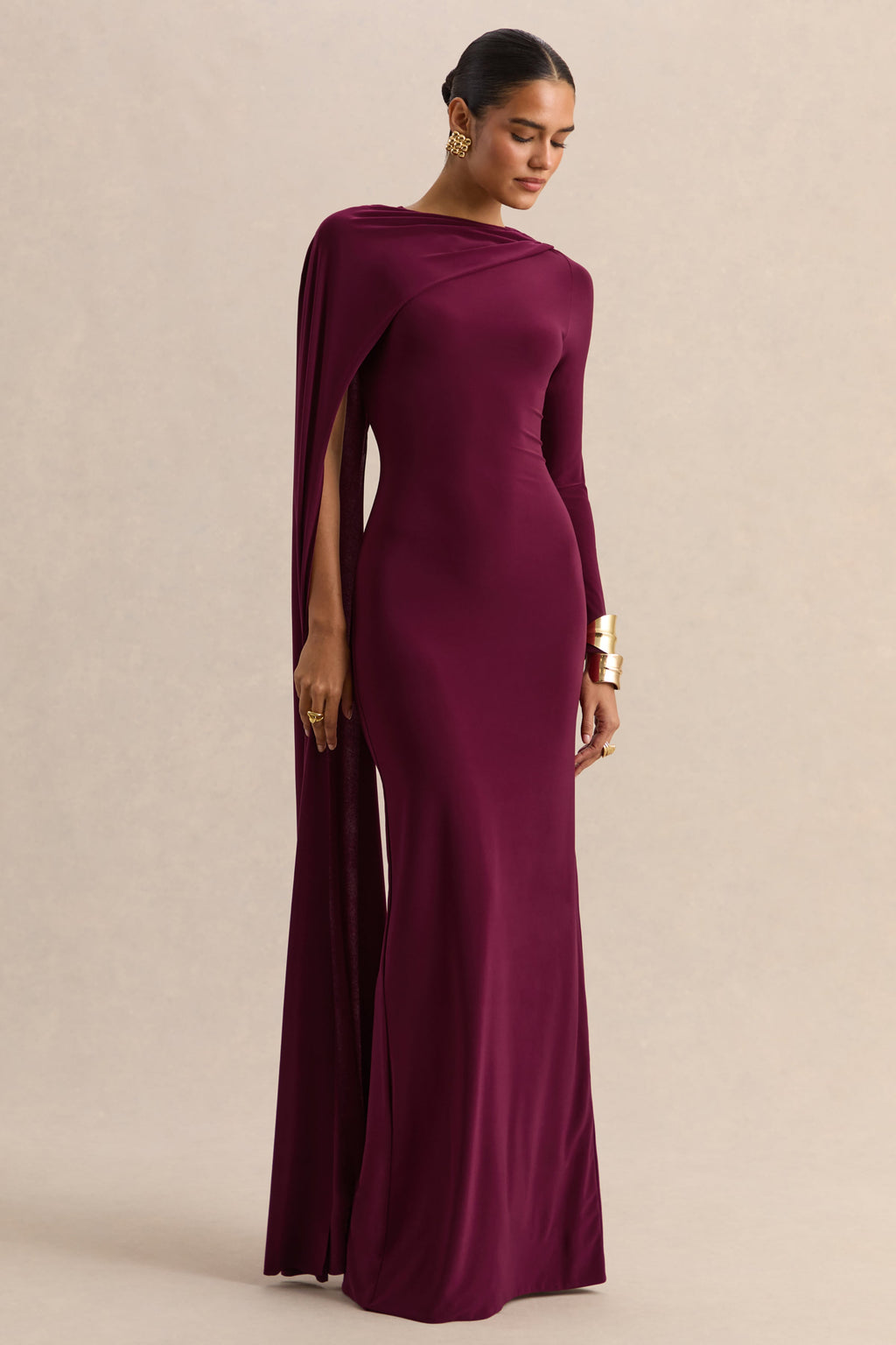 Halina | Burgundy High-Neck Maxi Dress With Cape-Sleeve