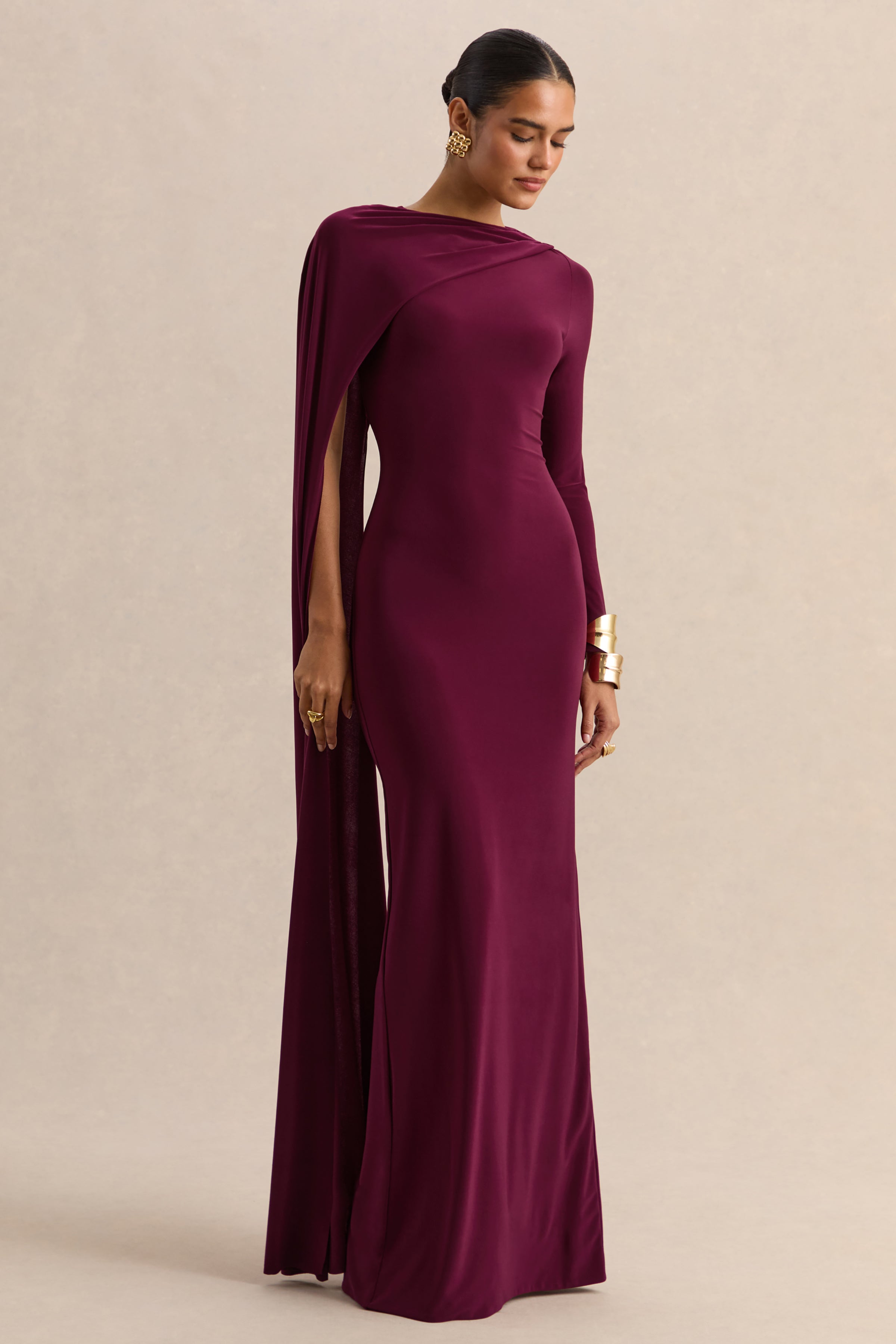 Halina | Burgundy High-Neck Maxi Dress With Cape-Sleeve