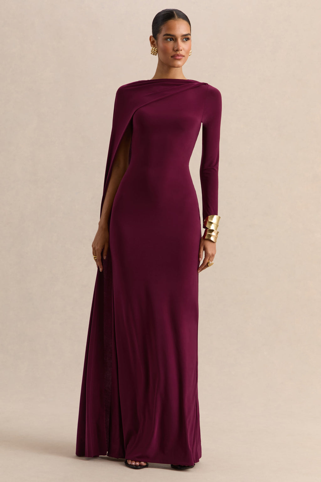Halina | Burgundy High-Neck Maxi Dress With Cape-Sleeve
