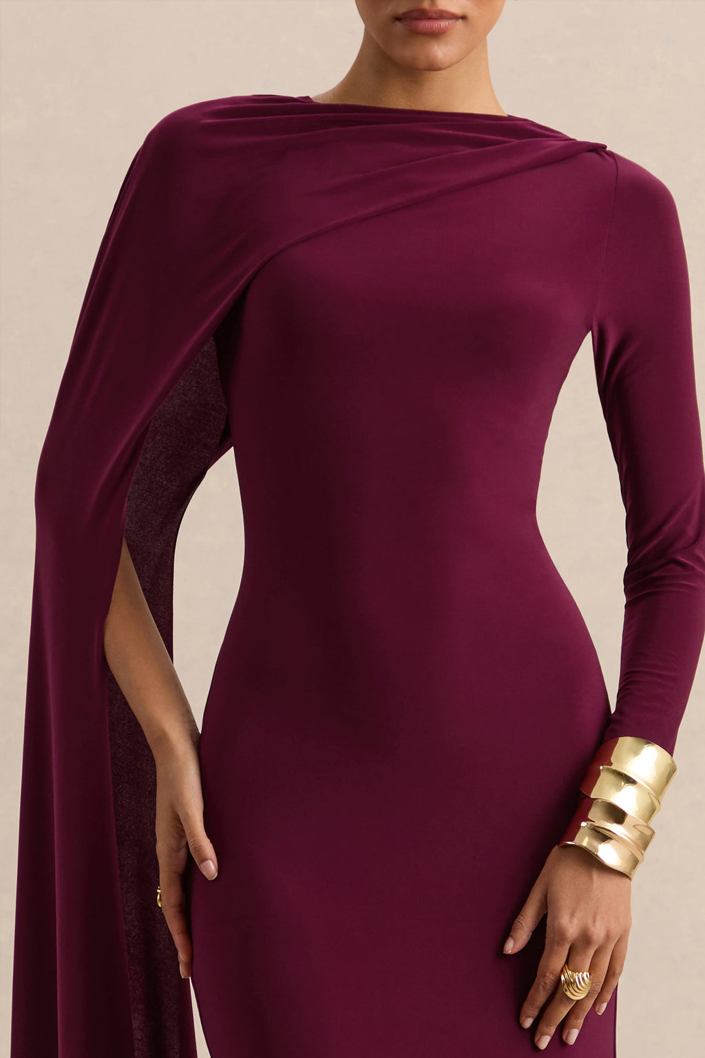 Halina | Burgundy High-Neck Maxi Dress With Cape-Sleeve
