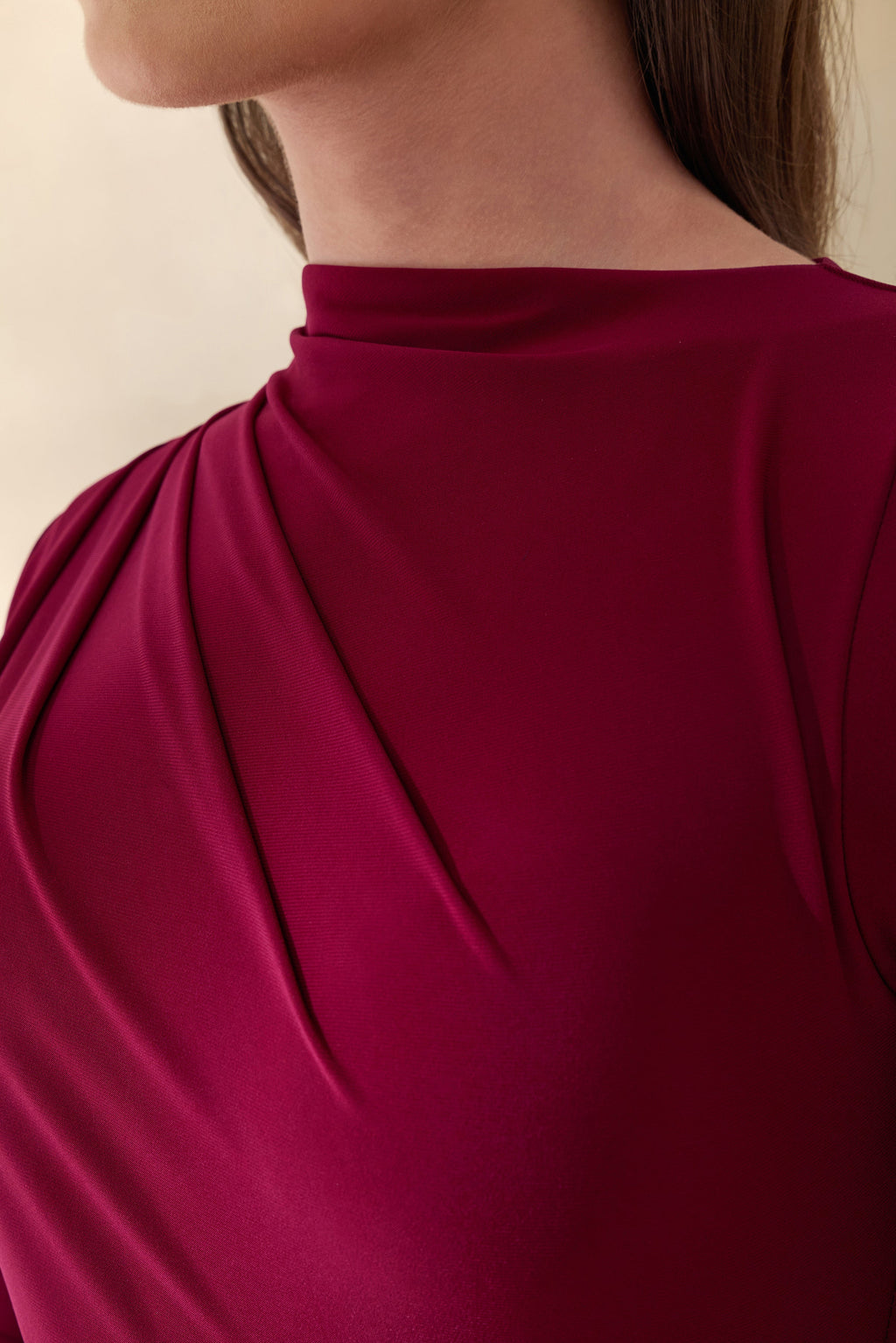 Karessa | Berry High-Neck Maxi Dress With Gathered Detailing And Front-High Split