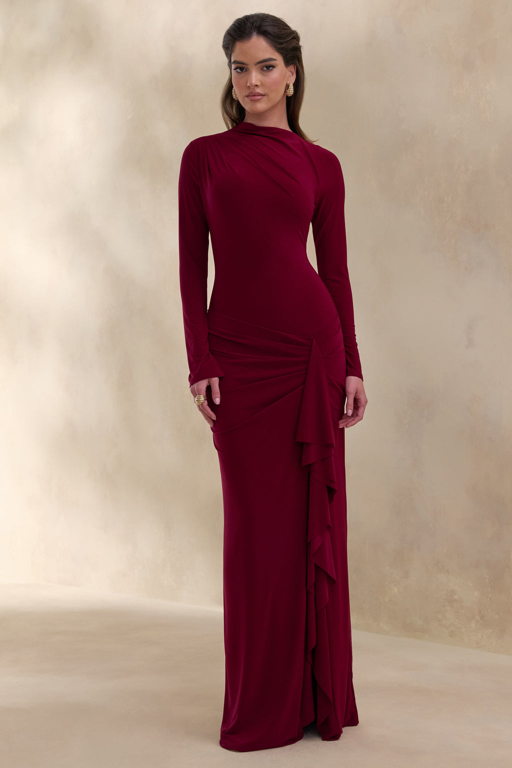 Karessa | Berry High-Neck Maxi Dress With Gathered Detailing And Front-High Split