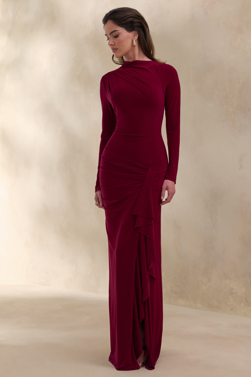 Karessa | Berry High-Neck Maxi Dress With Gathered Detailing And Front-High Split