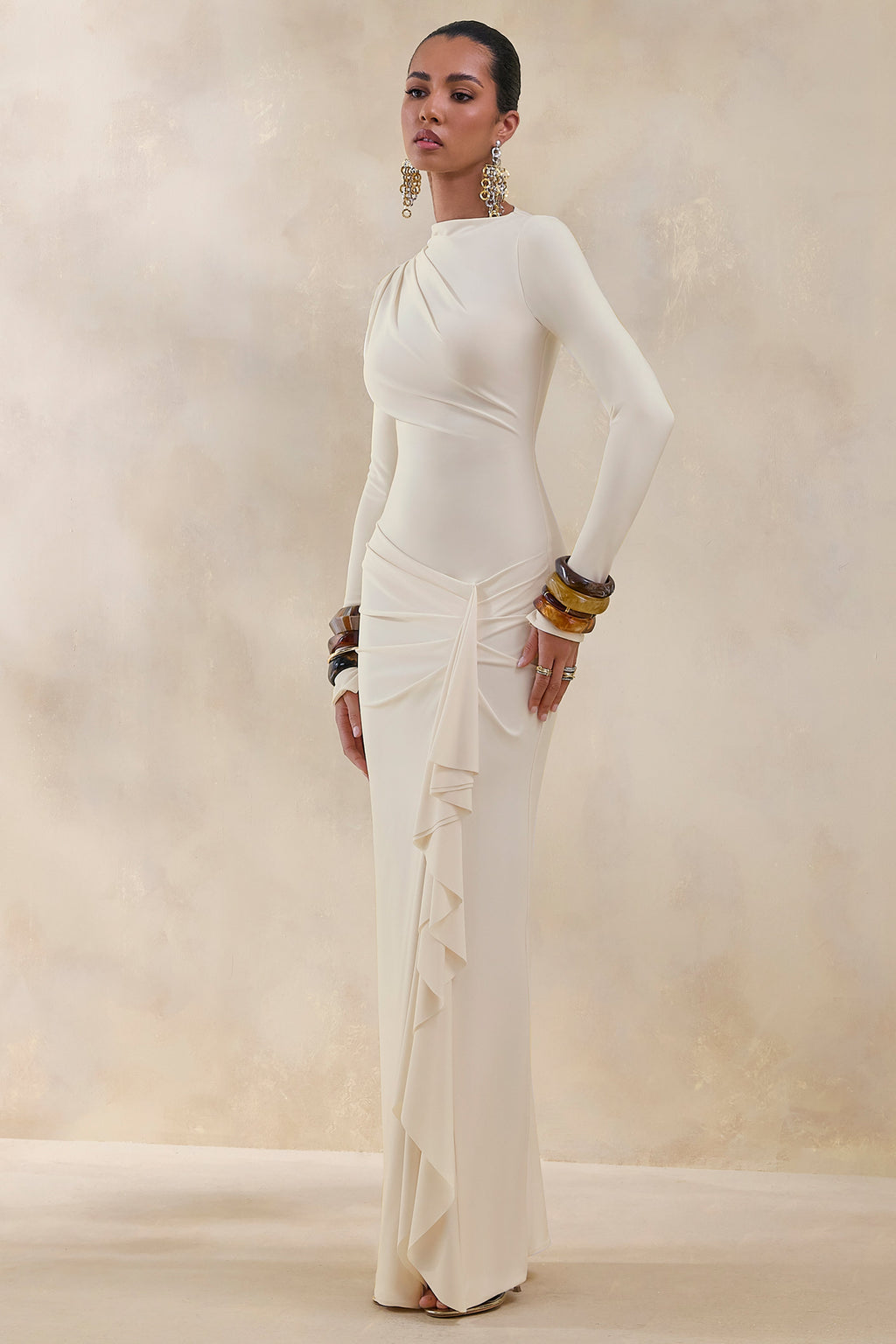 Karessa | Cream High-Neck Maxi Dress With Gathered Detailing And Front-High Split