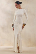 Karessa | Cream High-Neck Maxi Dress With Gathered Detailing And Front-High Split