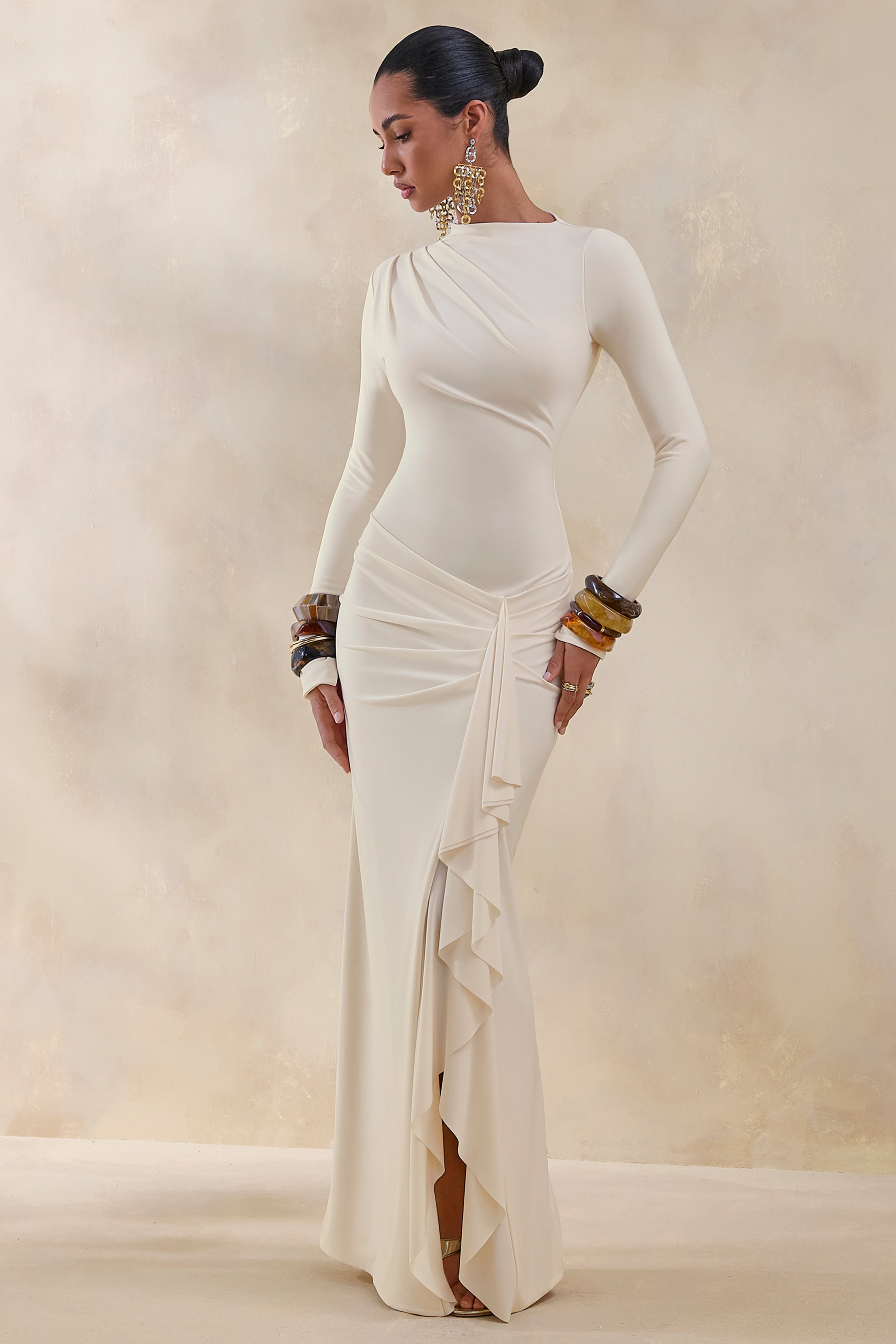Karessa | Cream High-Neck Maxi Dress With Gathered Detailing And Front-High Split