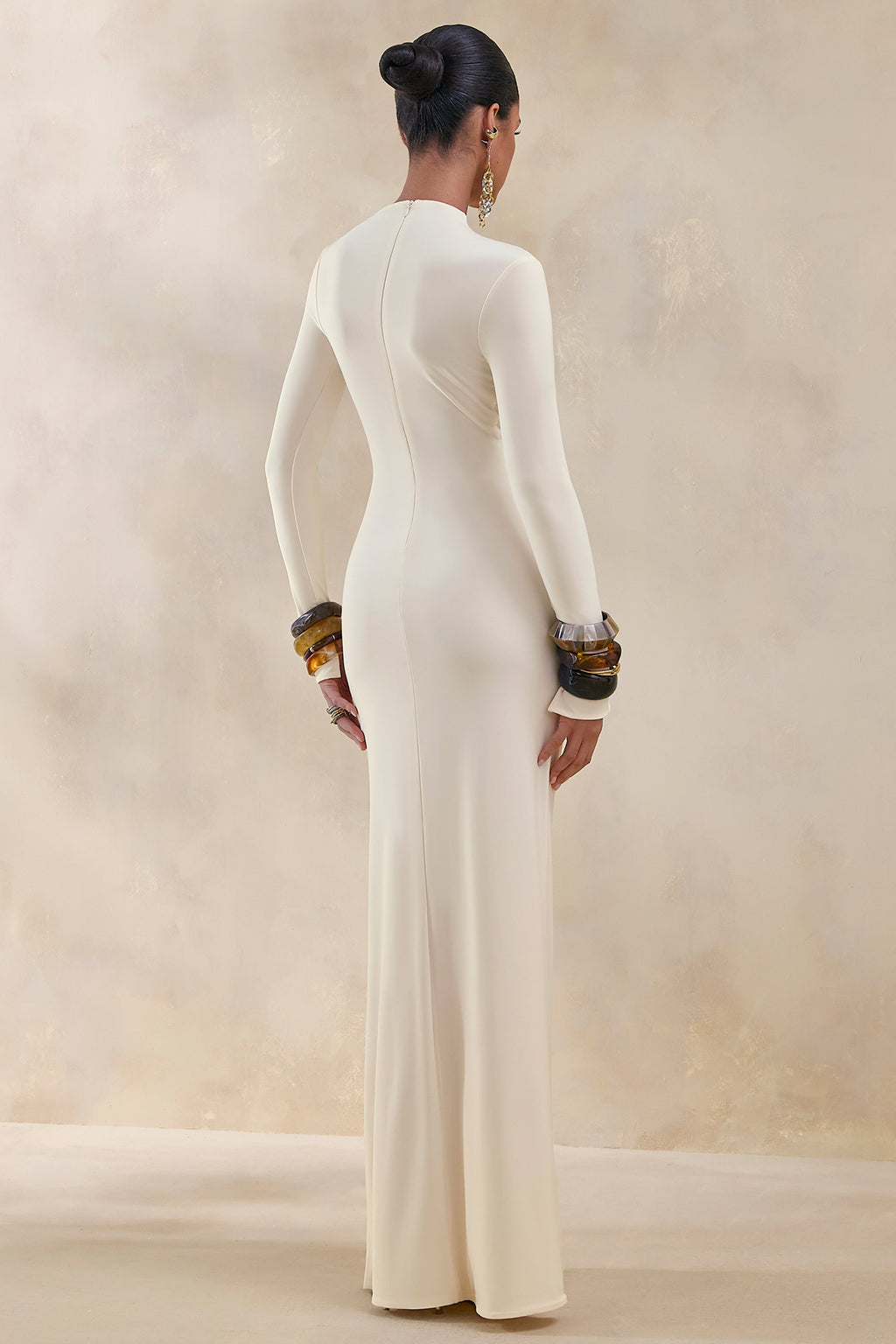 Karessa | Cream High-Neck Maxi Dress With Gathered Detailing And Front-High Split