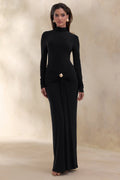 Ambrette | Black High-Neck Maxi Dress With Gathered-Detailing