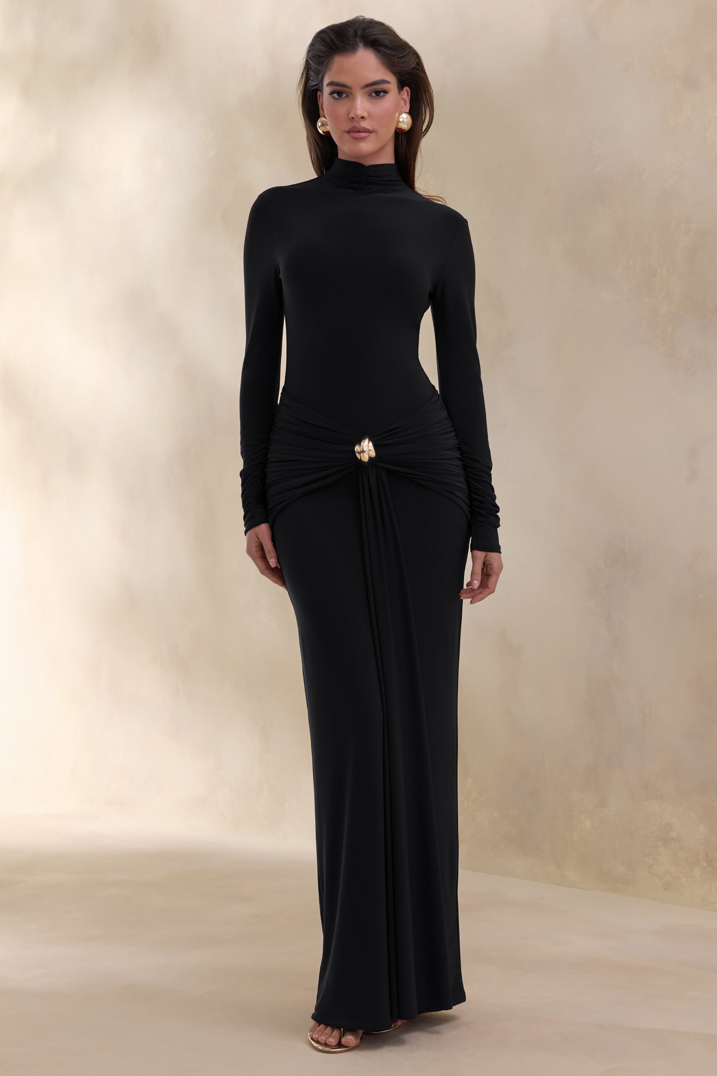 Ambrette | Black High-Neck Maxi Dress With Gathered-Detailing