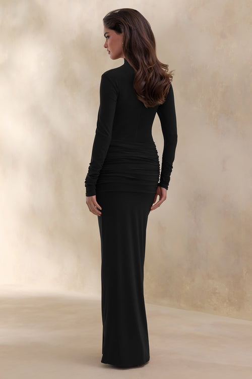 Ambrette | Black High-Neck Maxi Dress With Gathered-Detailing