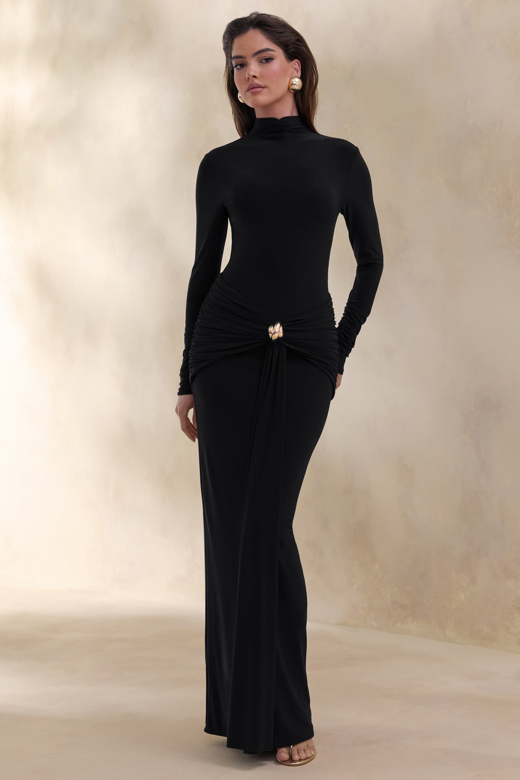 Ambrette | Black High-Neck Maxi Dress With Gathered-Detailing