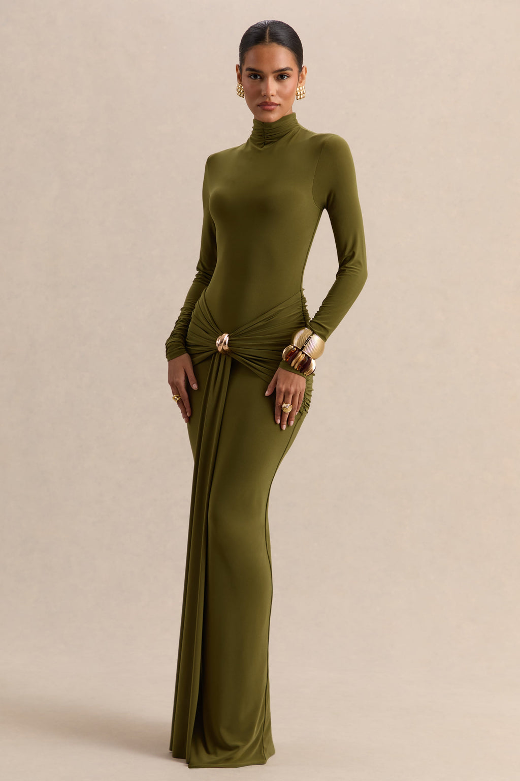 Ambrette | Olive High-Neck Maxi Dress With Gathered-Detailing
